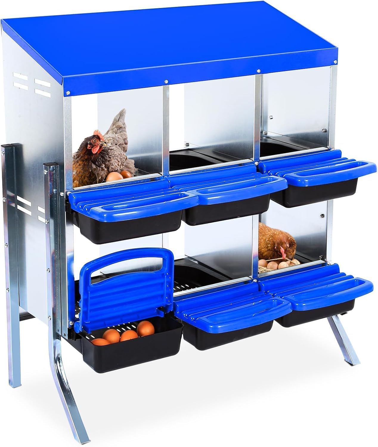 Chicken Nesting Boxes, 6 Hole Metal Chicken Laying Box with with Removable Trays and Roll Out Egg Collection for Chicken Coop, with Metal Bracket, Blue