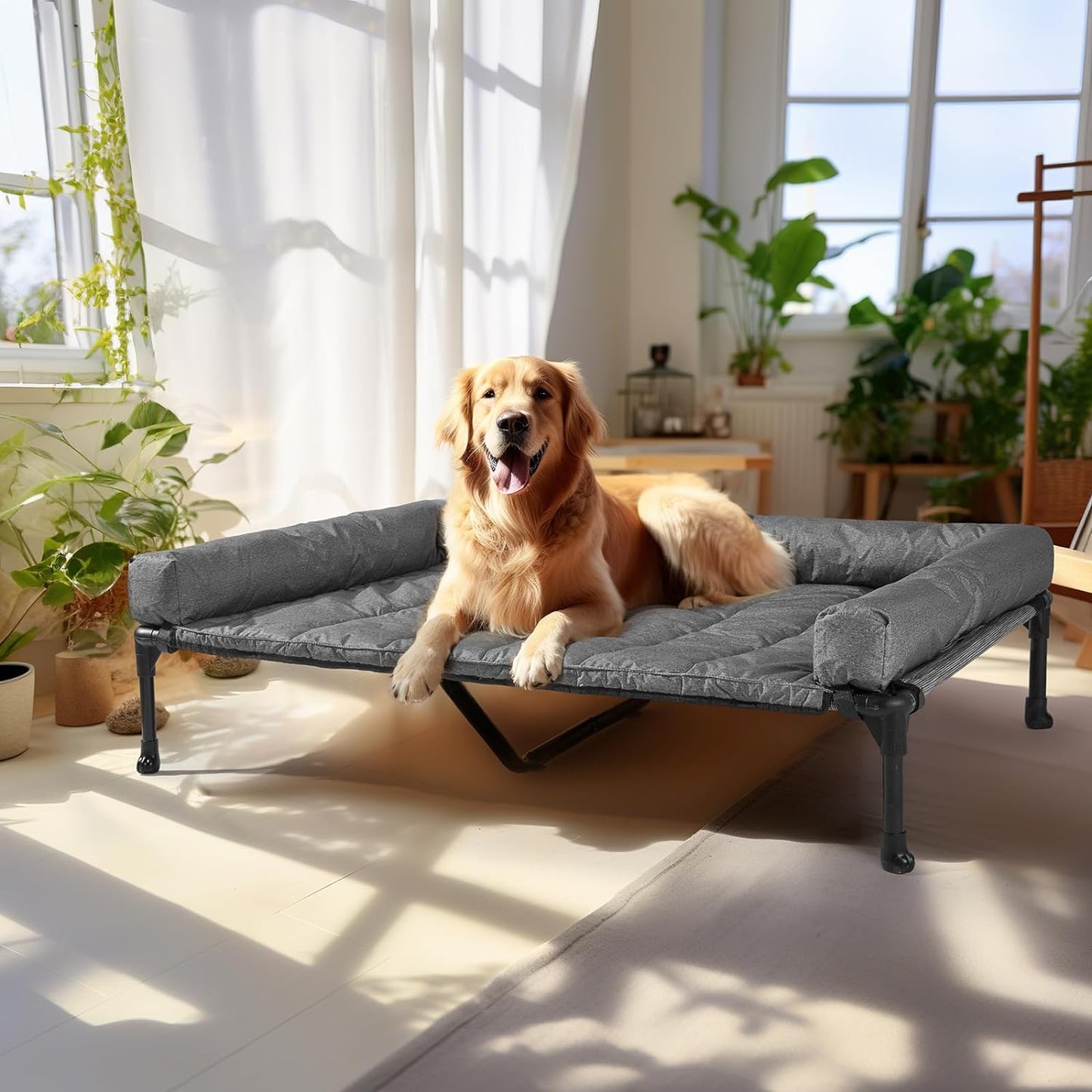 Veehoo Cooling Elevated Dog Bed Add Removable Waterproof Bolster Cushion Mat, Raised Pet Cot with Breathable Teslin Mesh, No-Slip Feet, Dog Sofa Bed for Indoor Outdoor, XLarge, Black Silver