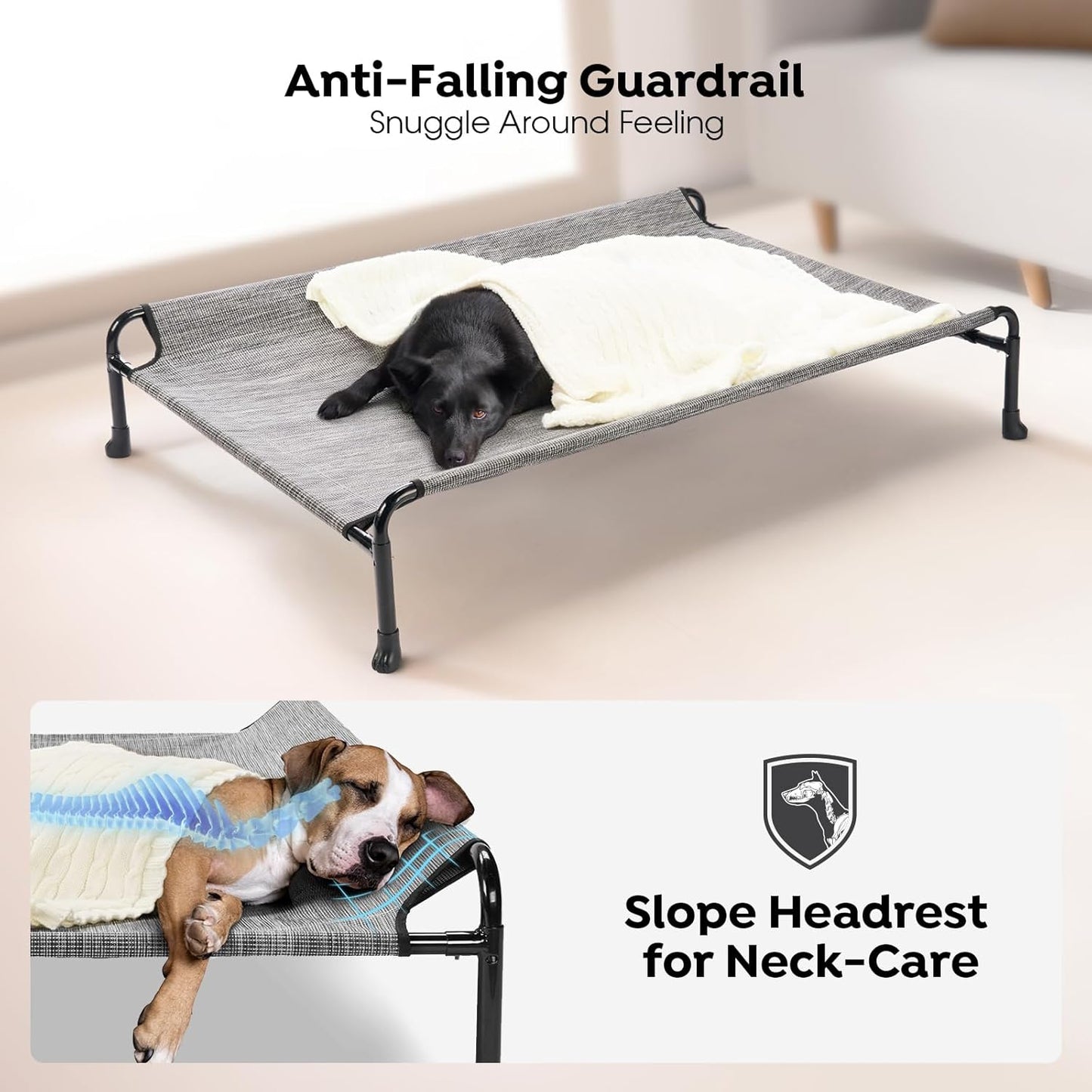 Veehoo Cooling Elevated Dog Bed - Raised Dog Bed with Guardrail, Non-Slip Portable Camping Cot, 41 x 27 Inches, Black Silver