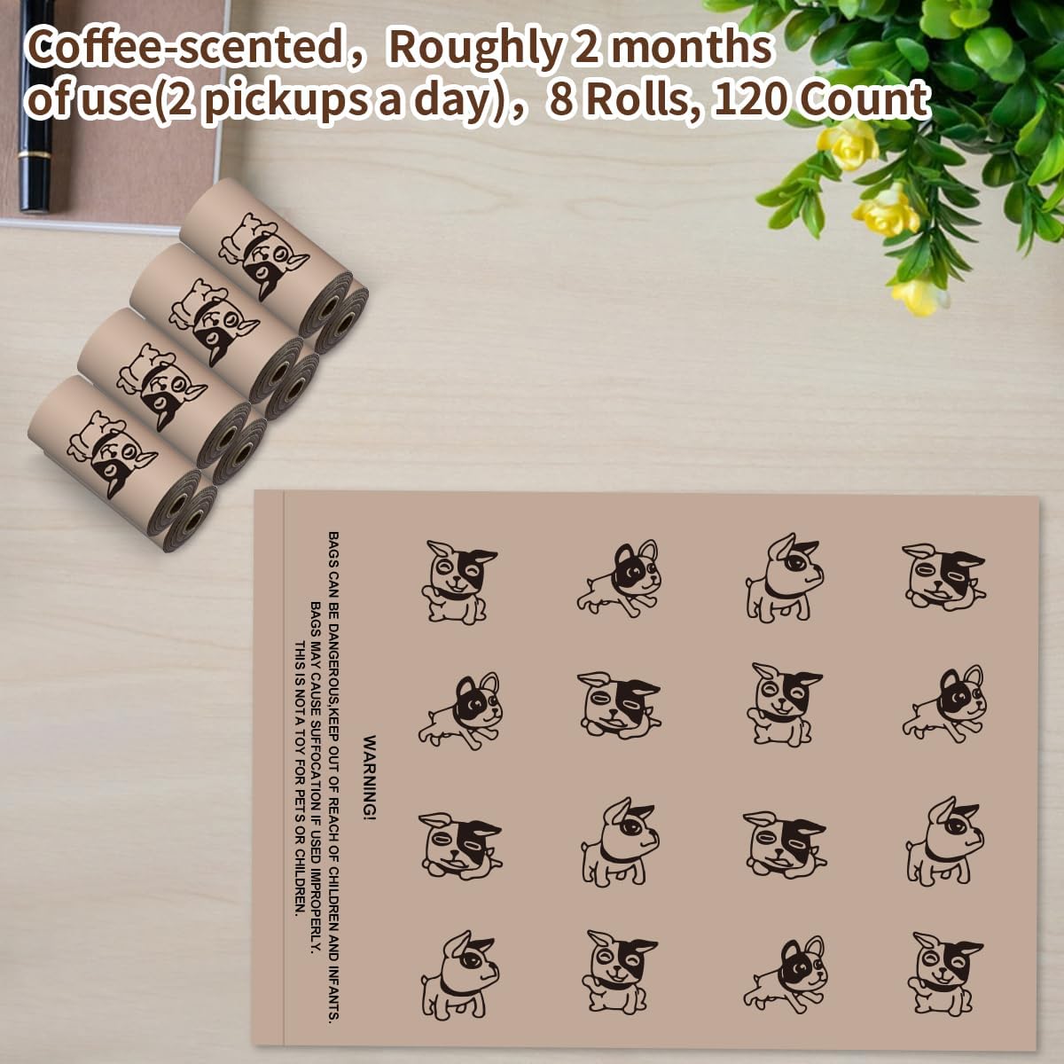 Coffee Dog Poo Bags Coffee scent - 120 Large Biodegradable Poop Bags, Extra Thicken Strong Corn Starch Blended Compostable Leak Proof Poop Waste Bag for Dogs