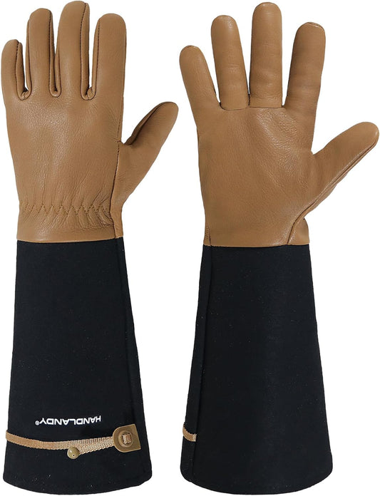 HANDLANDY Long Gardening Gloves for Men & Women, Cowhide Leather Rose Pruning Gloves, Breathable Thorn Proof Gauntlet Glove (Brown-Cowhide, S)