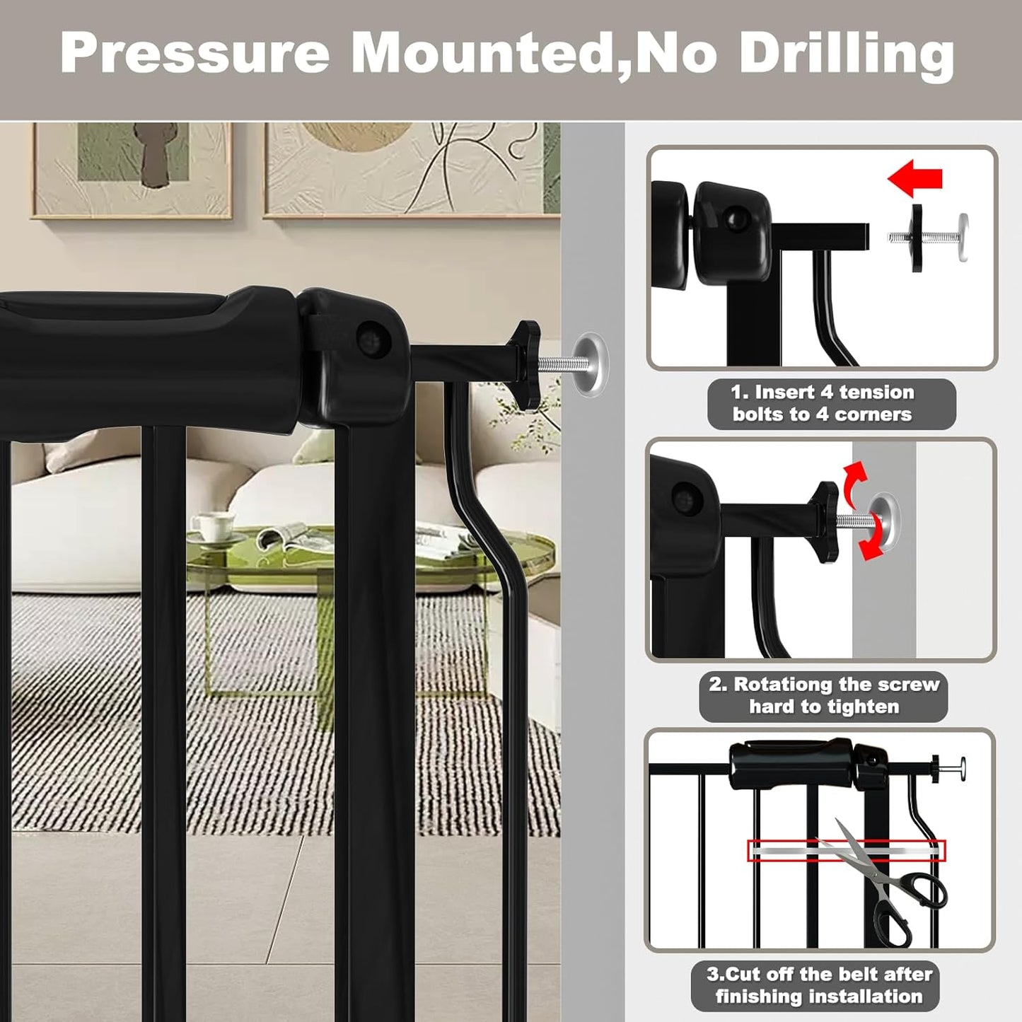 Fairy Baby Extra Wide Baby Gate Black 67-71.5 Inch Wide, Walk Through Pressure Mounted No Drill, Long and Large Tension Gate for Pet and Kids