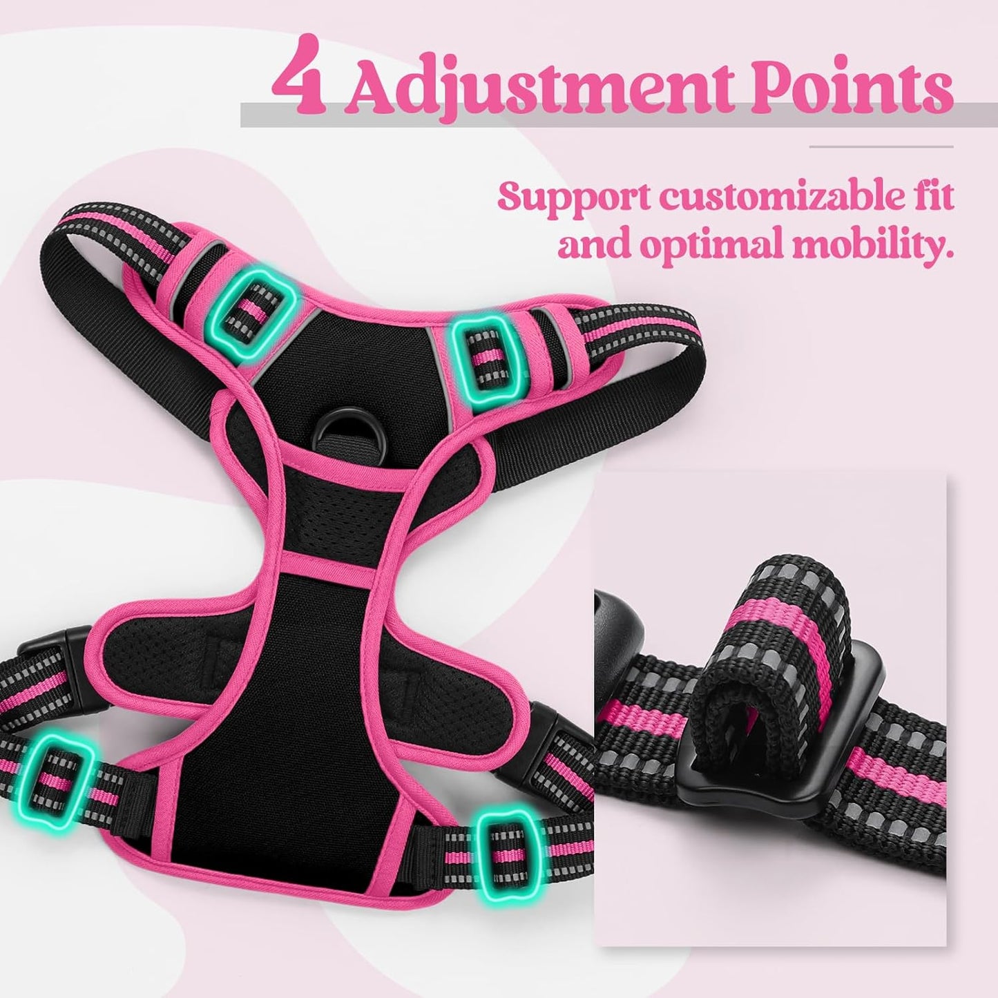 rabbitgoo Dog Harness No Pull with 2 Leash Clips, Adjustable Soft Padded, Reflective Oxford No Choke Pet Vest with Easy Control Handle for Large Dogs, Black & Hot Pink, L