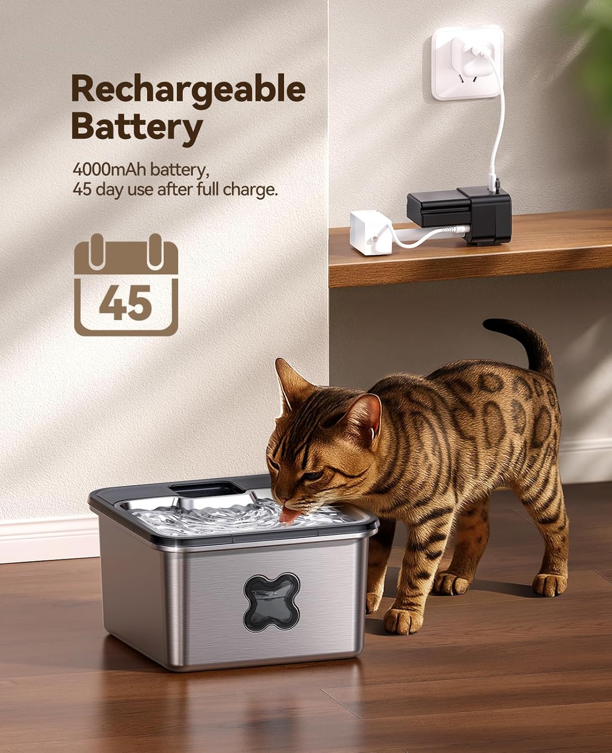 Cat Water Fountain Stainless Steel, FEELNEEDY Visual Filter Automatic Pet Water Fountain for Cats & Dogs Dispenser, Cordless Battery Operated Water Fountain for Cats Indoor - 3.2L/108oz