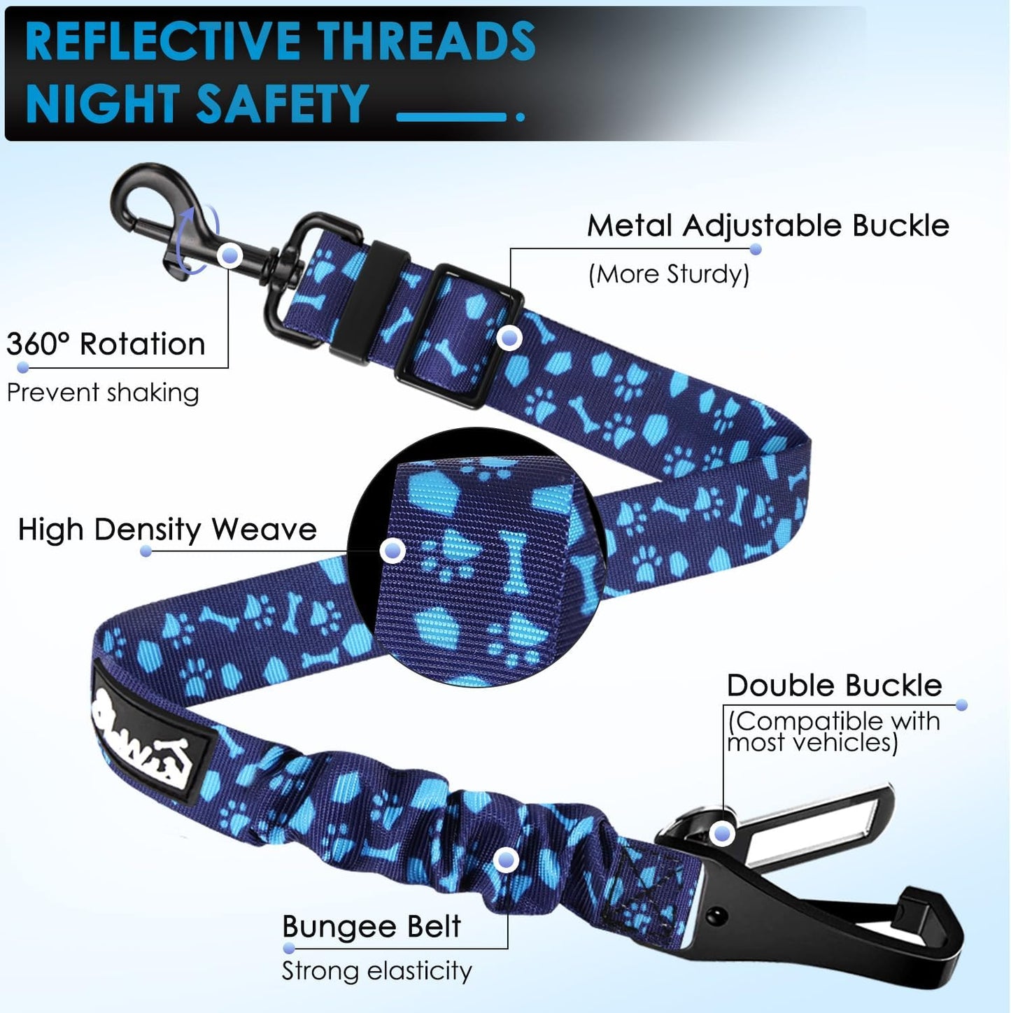 Lukovee Dog Seatbelt Leash for Cars, 2 Pack Pet Safety Car Seat Belt with Adjustable Buckle & Reflective Bungee, Connect Dog Harness in Vehicle Car Dogs Restraint Travel Daily Use (Blue Paw)