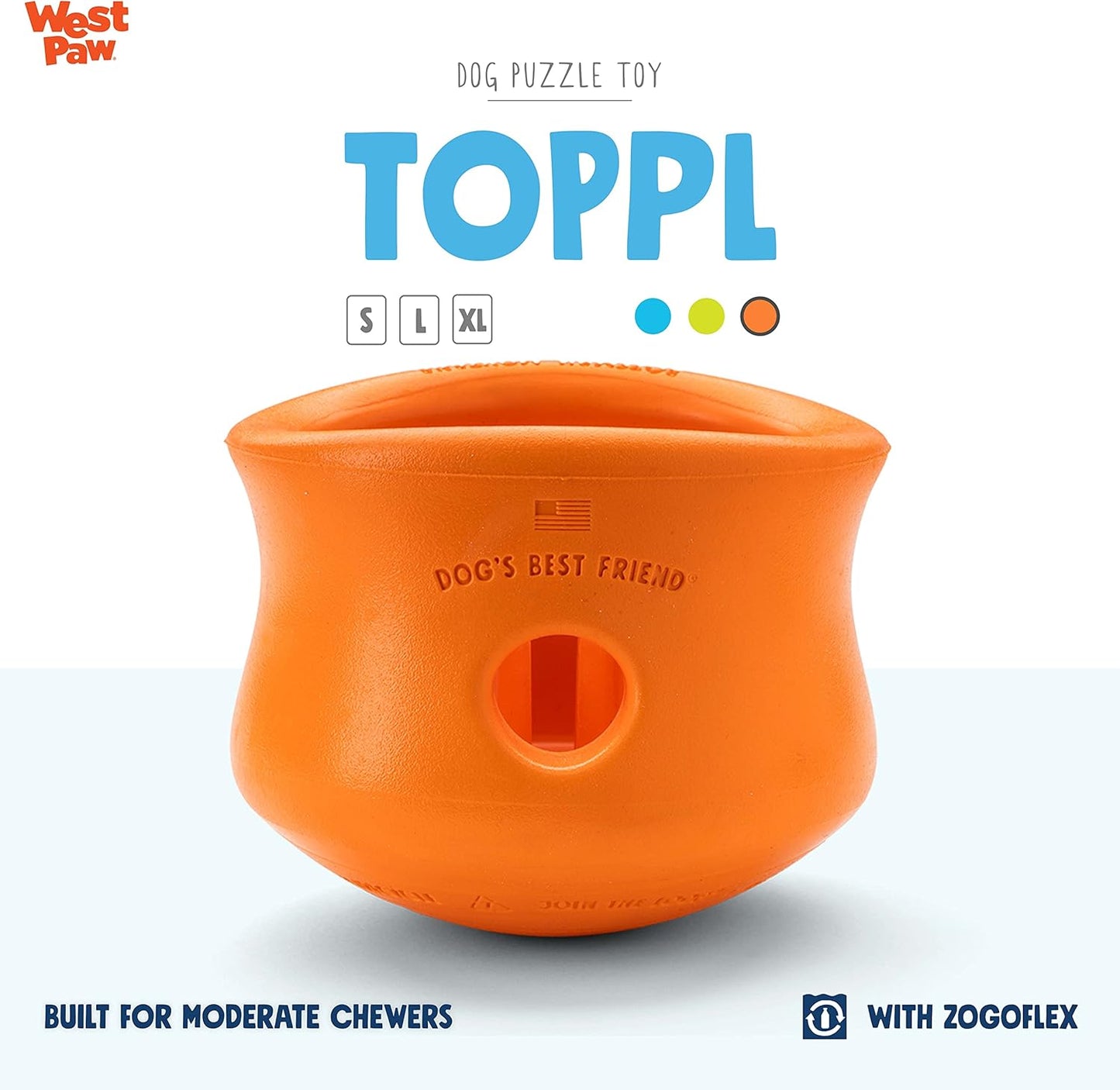 WEST PAW Zogoflex Toppl Treat Dispensing Dog Toy Puzzle – Interactive Chew Toys for Dogs – Dog Toy for Moderate Chewers, Fetch, Catch – Holds Kibble, Treats, X-Large, Tangerine
