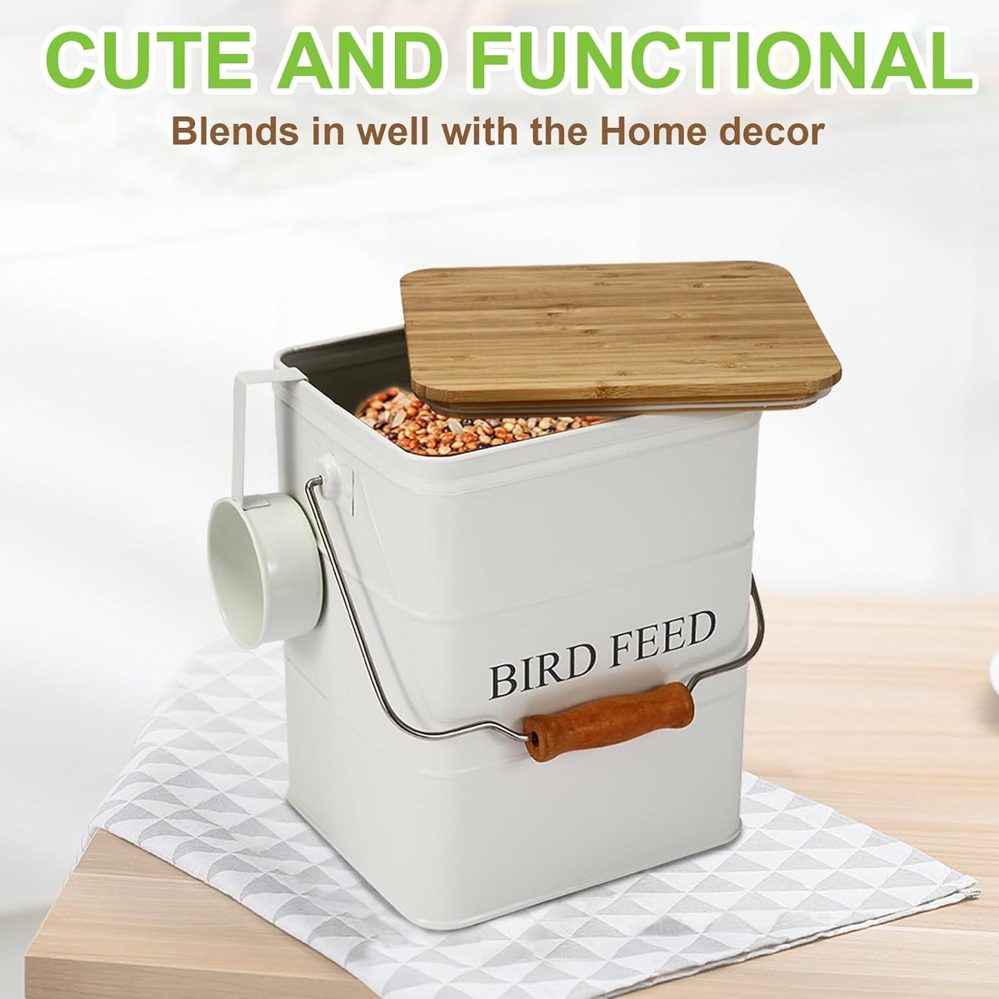 Bird Seeds storage container,Bird Seed Container,Metal food tin for Birds, pet snacks Canisters with wooden lid/handle/sevice scoop,hold 5-6 lbs