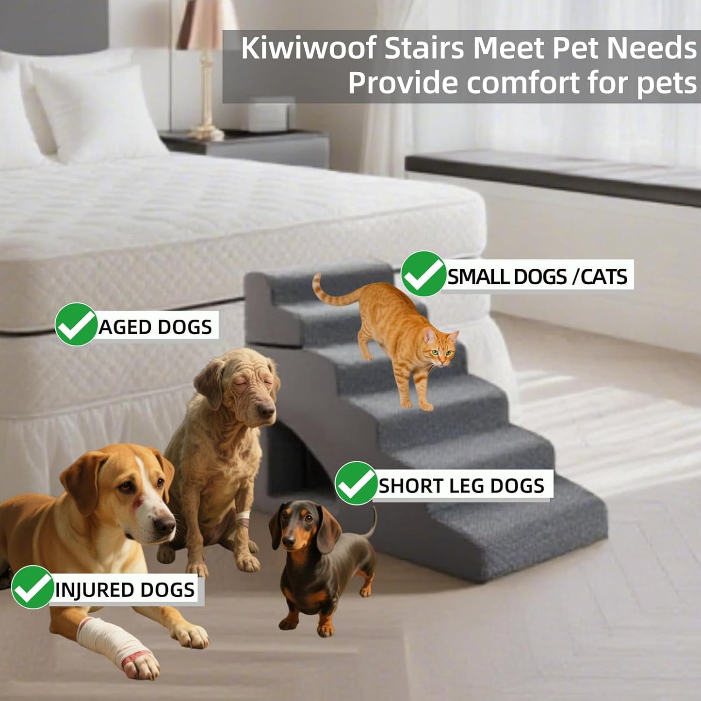 7 Step Pet Stairs Ramp for High Beds Sofas 22-42 Inch, Non-Slip Dog Stairs for Small Old Medium Large XL Dogs Cats, Sturdy 75 Pounds 33D Foam Balanced 6-Tier Ladder with Machine Washable Cover