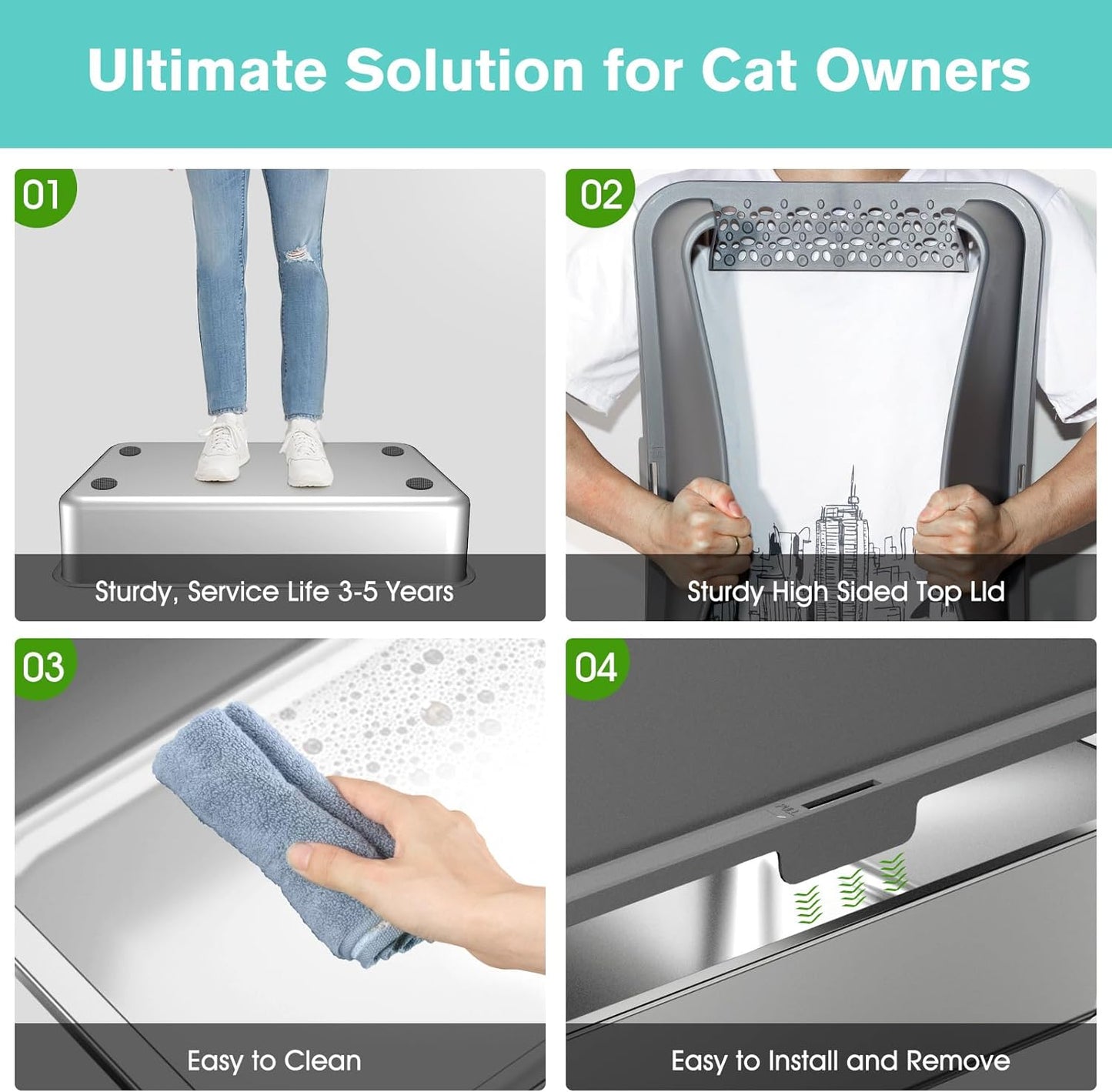 Stainless Steel Cat Litter Box with High Sides Lid, Extra Large XL Litter Box for Big Cats,Enclosed Metal Kitty Litter Pan with Anti-Leakage Enclosure, Non-Stick, Odorless,Scoop Included (Dark Grey)…