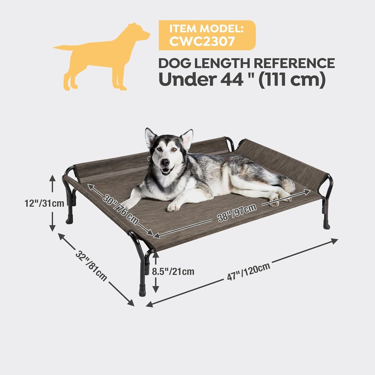 Veehoo Cooling Elevated Dog Bed, Raised Pet Cot with Guardrail & Slope Headrest, Durable Breathable Teslin Mesh, Non-Slip Feet, Washable Dog Couch Bed for Indoor & Outdoor, Large 47" x 32", Brown