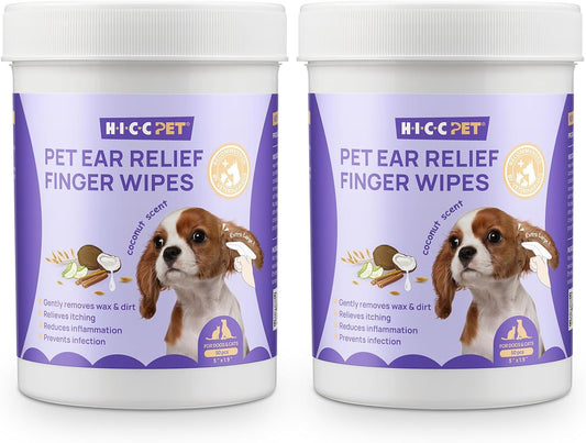 HICC PET Dog Ear Wipes Finger 100 Count Dog Ear Cleaner Wipes for Dogs & Cats, Dog Ear Infection Treatment to Relieve Ear Itching & Inflammation, Remove Ear Wax, Dirt, Smelly - Fresh Coconut Scent