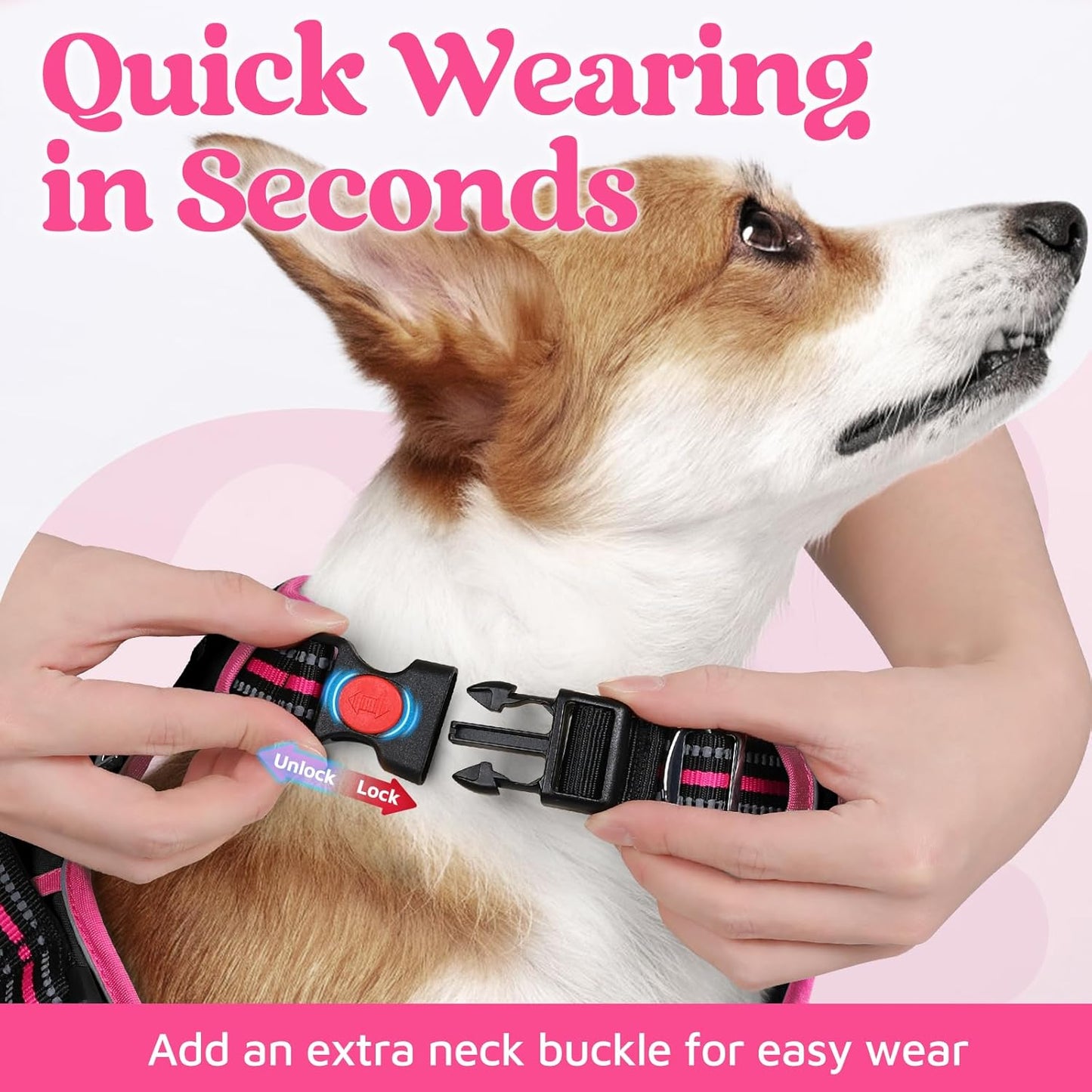 rabbitgoo Dog Harness Medium Sized, No Pull Dog Vest with 3 Buckles, Adjustable Soft Padded Pet Harness with Easy Control Handle and Reflective Strips, Black & Rose Pink, M