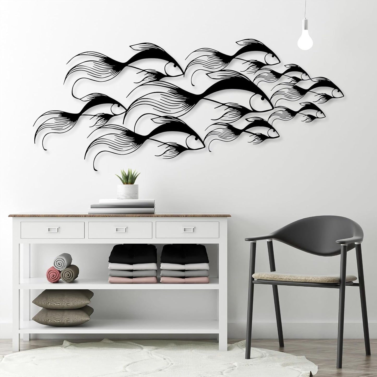 School of Fish Metal Wall Art, Metal Fish Wall Decor, Sea Life Wall Art, Large Nautical Wall Hanging, Modern Beach House Wall Decor, Ocean Themed Artwork for Bathroom (Gold, 53"x22" | 135x57cm)