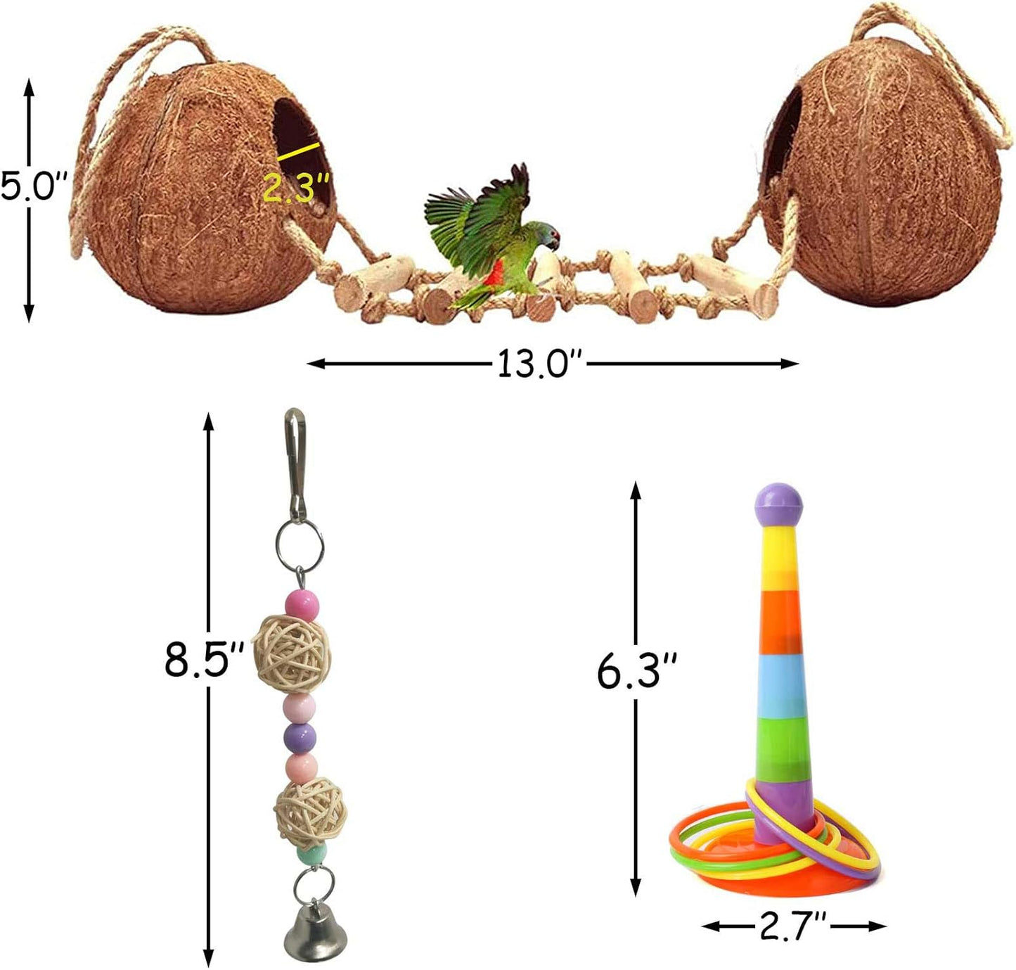 kathson 5PCS Bird Hides Coconut Nest with Ladder Perches Hanging Parrot House Cage Natural Coconut Fiber Parakeet Chewing Toys Intelligence Training Rings for Small Budgies Cockatiels