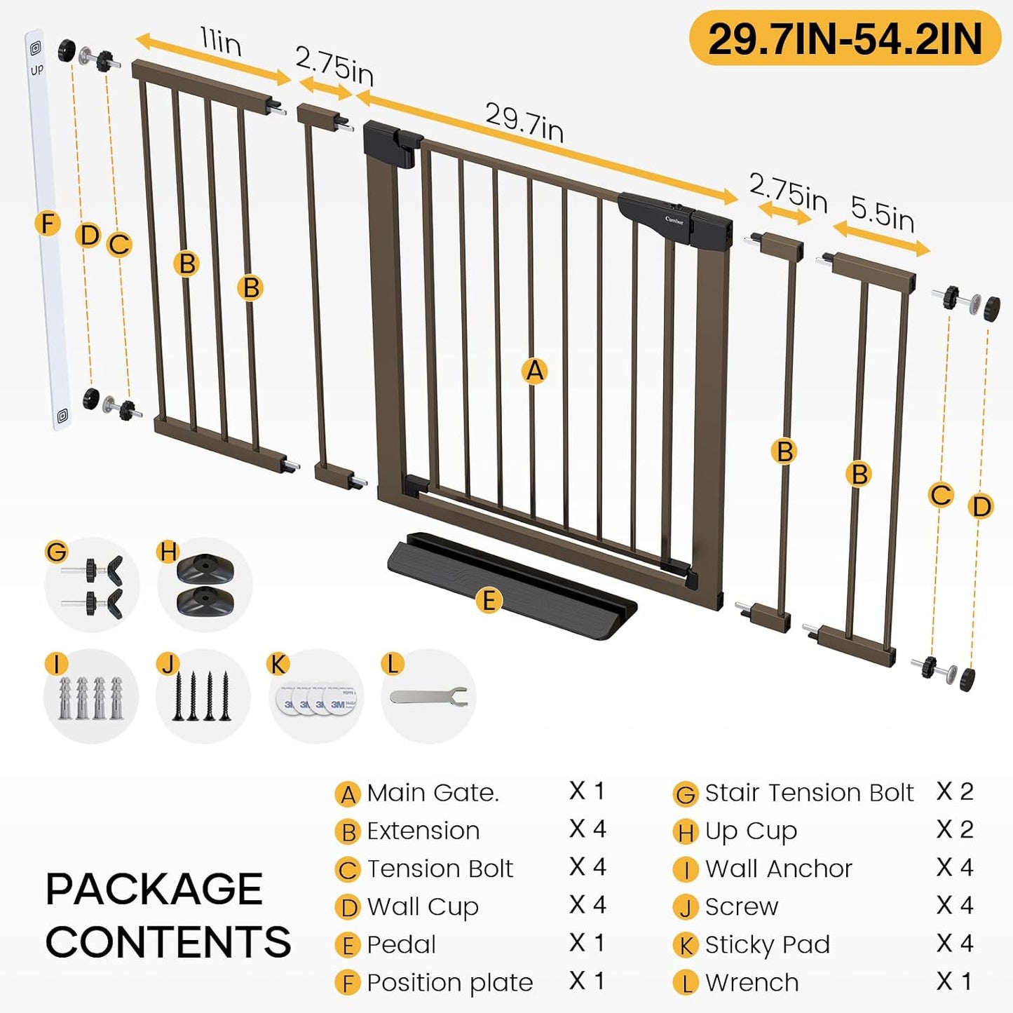 Cumbor 29.7-54.2" Wide Baby Gate for Stairs, Mom's Choice Awards Winner-Self Closing Dog Gate Indoor for Doorways, No Drilling Pressure Mounted Pet Gates for Kids, Easy Walk Through Safety Gate, Brown