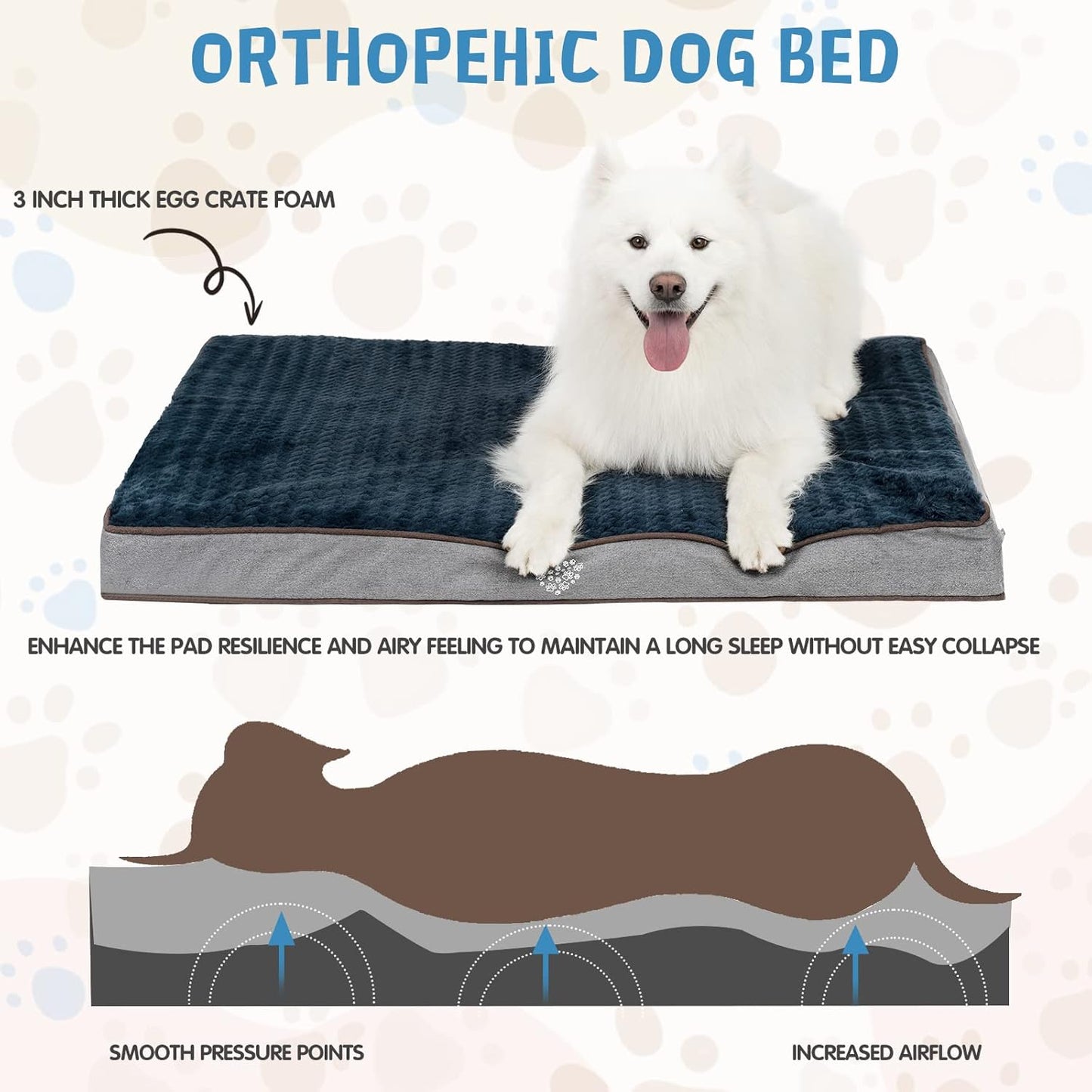 VANKEAN Dog Bed Soft Crate Pad Mat Reversible Warm& Cool, Washable Comfy Kennel Pad with Orthopedic Egg-Crate Foam for Small Medium Large Dogs, Water-Resistant Pet Bed, Grey