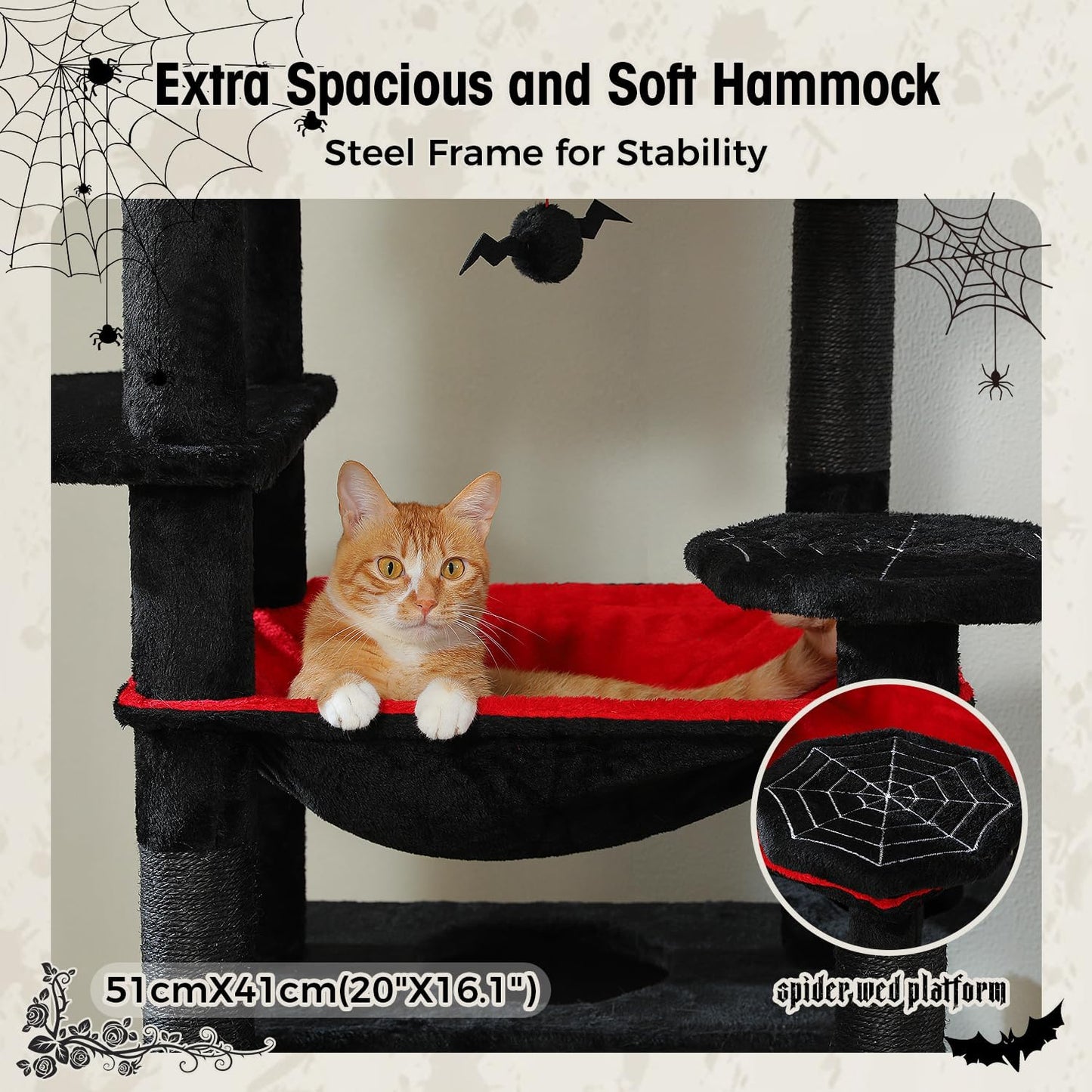 PAWZ Road Large Cat Tree, 72 Inches Gothic Cat Tower for Large Cats, Cat Condo with Sisal-Covered Scratching Posts and Pads, 2 Padded Perch, Dual Condo and Basket for Indoor Cats-Black