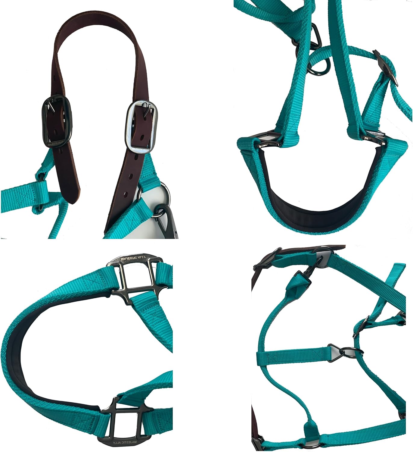 Majestic Ally Leather Halter with Matching Lead Rope for Horses – Leather Breakaway Crown - Adjustable Chin Strap – Rolled Throat Latch – Padded Noseband – Full (Black-Black Nickel, Full)