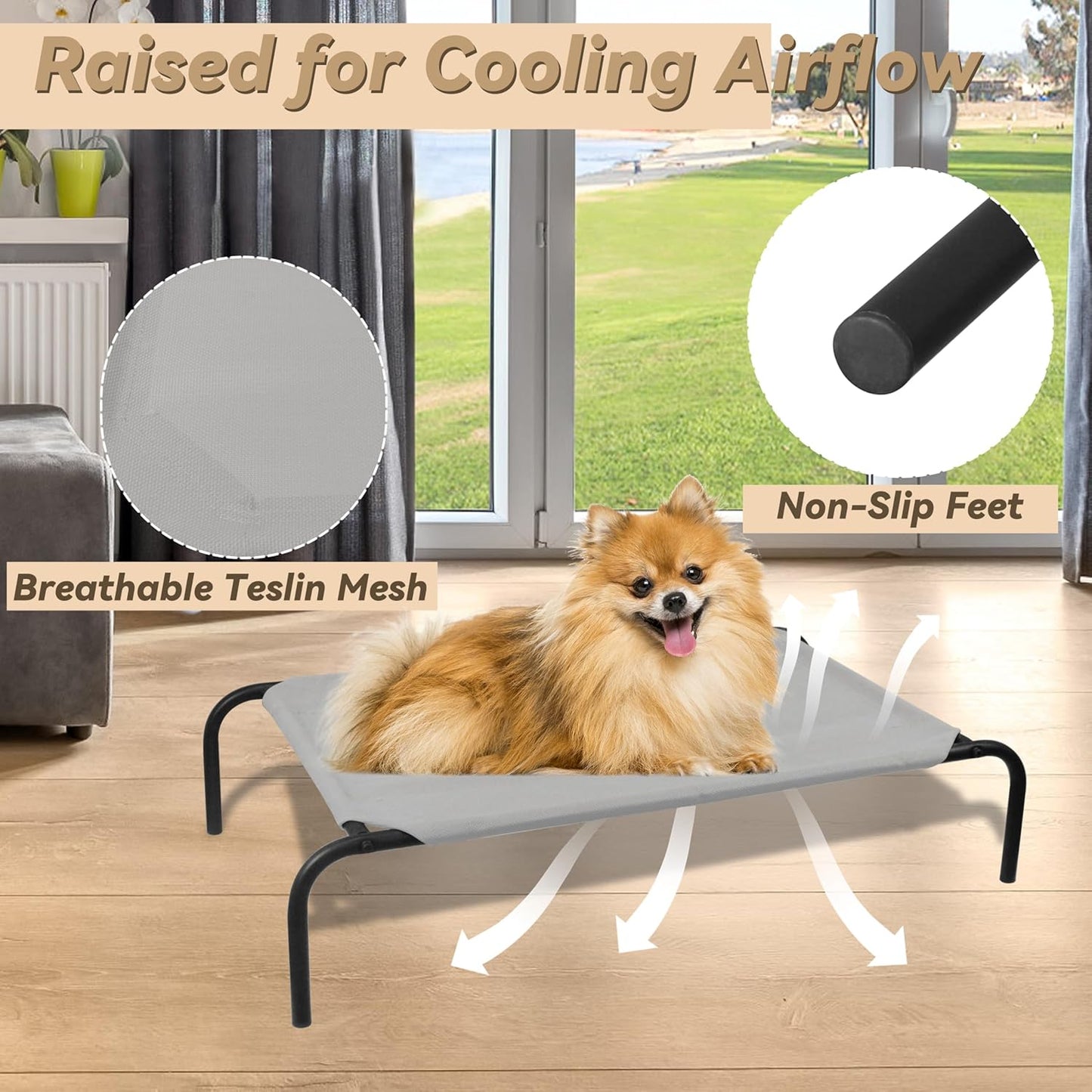 PHYEX Raised Pet Cot for Small Pets, Elevated Dog Bed with Breathable Mesh, Sturdy Steel Frame for Indoor & Outdoor Use, Non-Slip Design, Easy Clean, 33-Inch Grey