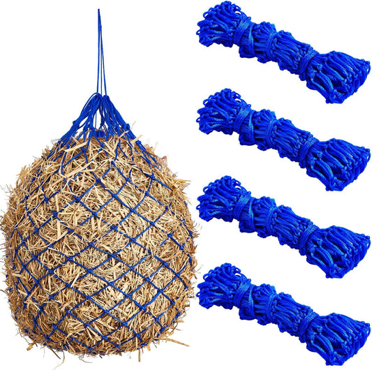 Fabbay 4 Pcs Slow Feed Hay Net Feeder Hay Bag for Horses Slow Feeder 40 Inch Length with 2 Inch Holes Hanging Horse Feed Net for Goat Cattle Equine Stalls Barn Supplies(Blue)
