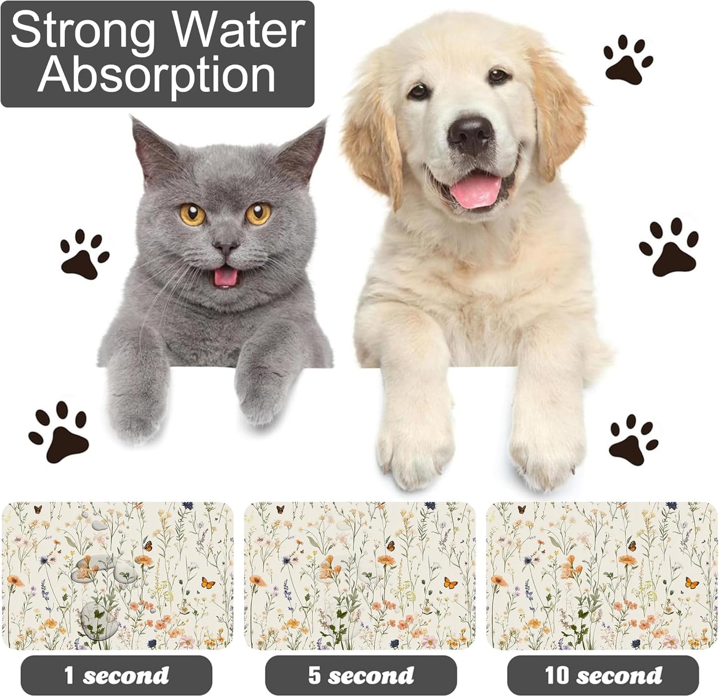 Vintage Wildflowers Herbs Pet Feeding Mat for Floors-Absorbent Dog Bowl Mat for Food and Water, Quick Dry Pet Cat Feeding Mats with Non Slip Bottom, Mess-Free Dog Accessories 16"x24"