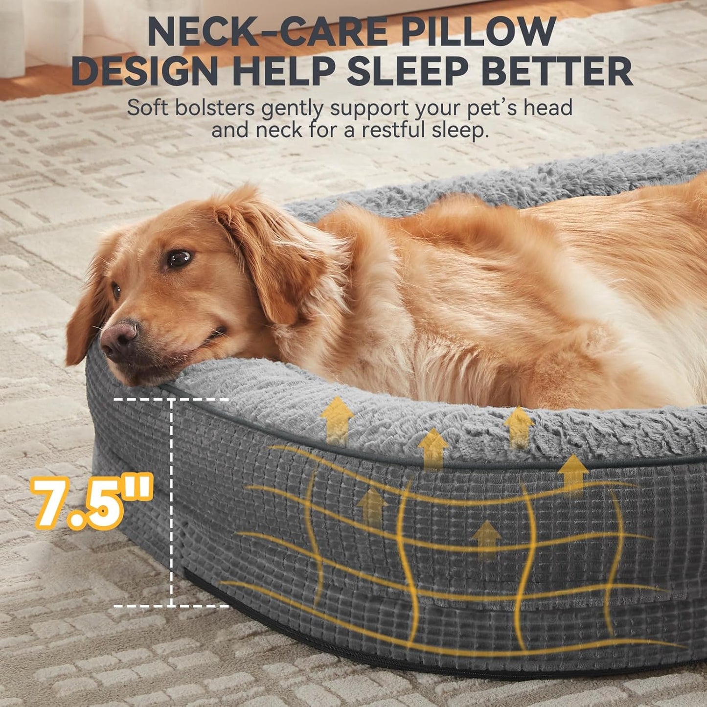 JOEJOY Orthopedic Dog Bed for Extra Large Dogs, Egg-Crate Memory Foam Pet Bed with Bolster Sides, Waterproof Lining, Removable Washable Cover & Non-Slip Bottom, Grey