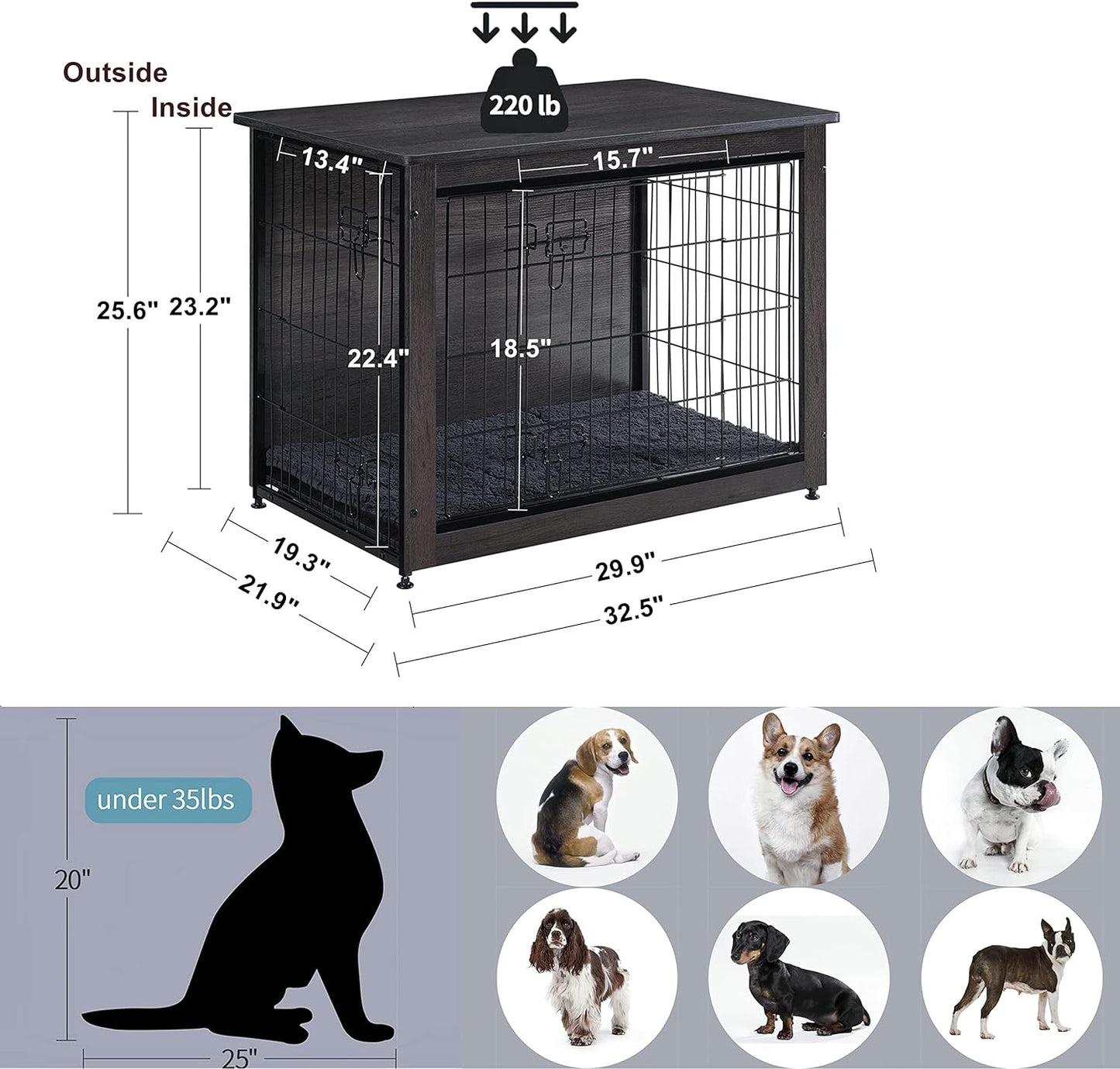 DWANTON Dog Crate Furniture with Cushion, Wooden Kennel Table with Double Doors, Indoor Dog House, Medium Size, 32.5" L, Dark Gray