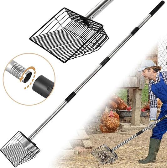 10inch Large Metal Chicken Poop Scooper, 24 to 68" Long Chicken Coop Litter Scoop with Stainless Steel Handle, 4 in 1 Multifunctional Heavy Duty Litter Sifting Shovel Chicken Coop Accessories
