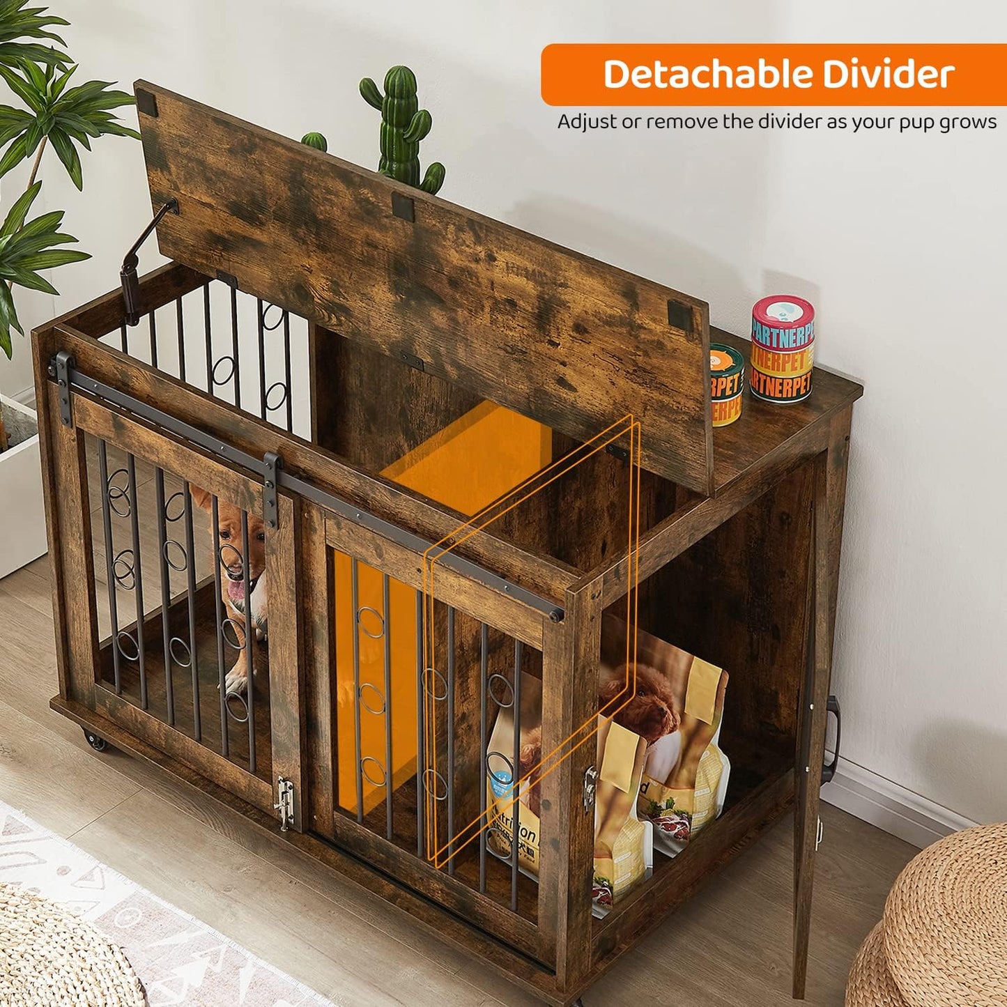 IchbinGo Dog Crate Furniture with Sliding Barn Door, 39" Wooden Dog Kennel End Table with Wheels and Flip-top Plate Dog House with Detachable Divider for Small/Medium/Large Dog (Rustic Brown)