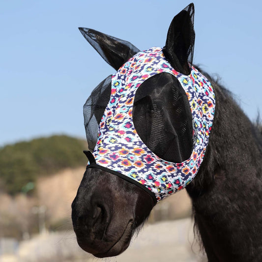 Harrison Howard Super Comfort Stretchy Fly Mask Large Eye Space with UV Protection Soft on Skin with Breathability Geo Feather L