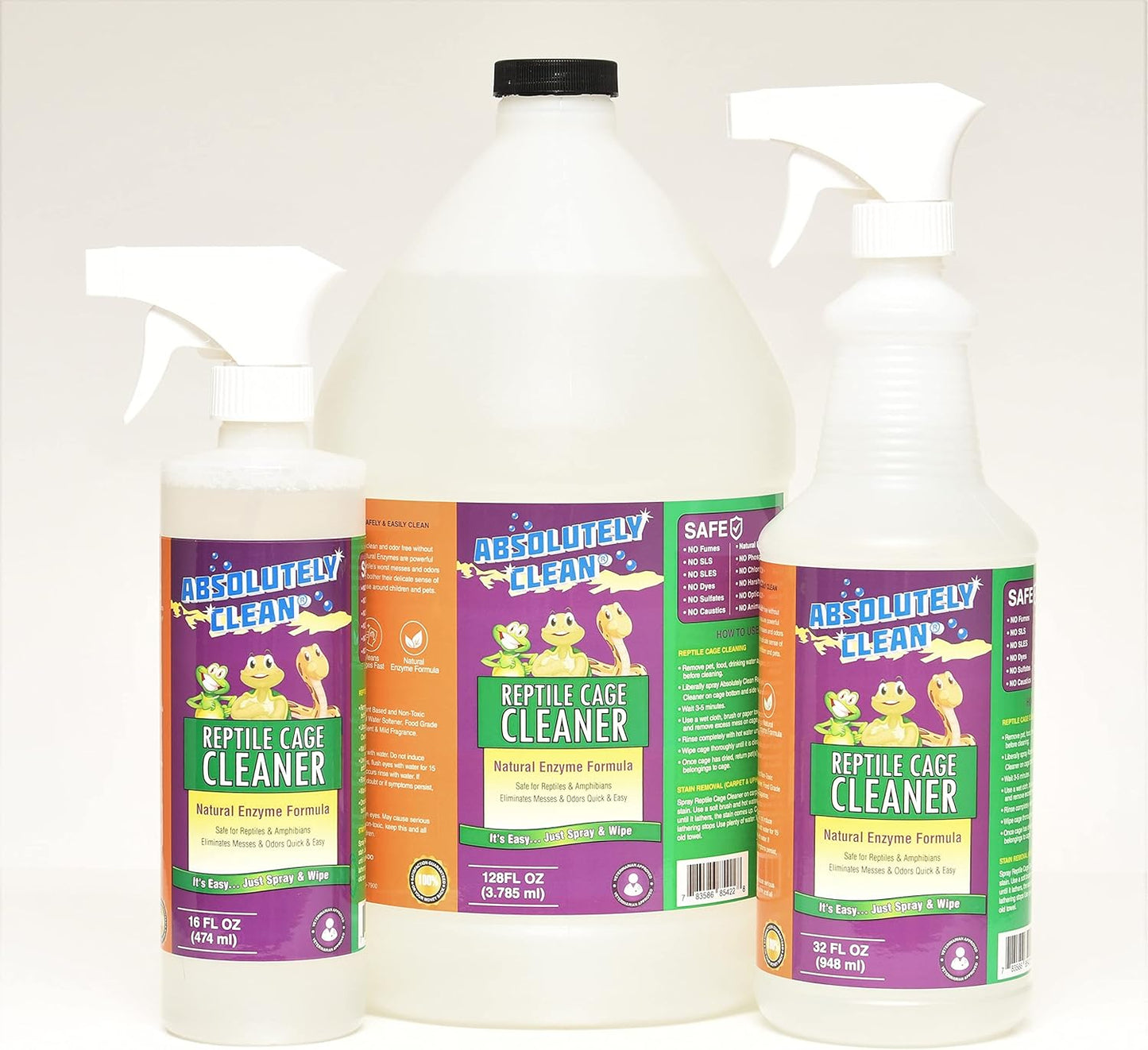 Absolutely Clean Amazing Reptile & Amphibian Terrarium Cleaner and Deodorizer - Just Spray/Wipe - Safely & Easily Removes Reptile & Amphibian Messes - USA Made (32oz Spray Bottle - Save 25%)
