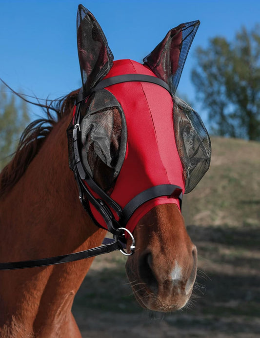 Horse Fly Mask with Ears, UV Protection Mask for Horses, Elasticity Mask with Big Mesh Eye Covers, Snug Fitting Comfortable Breathable Lightweight Rose Red Cob