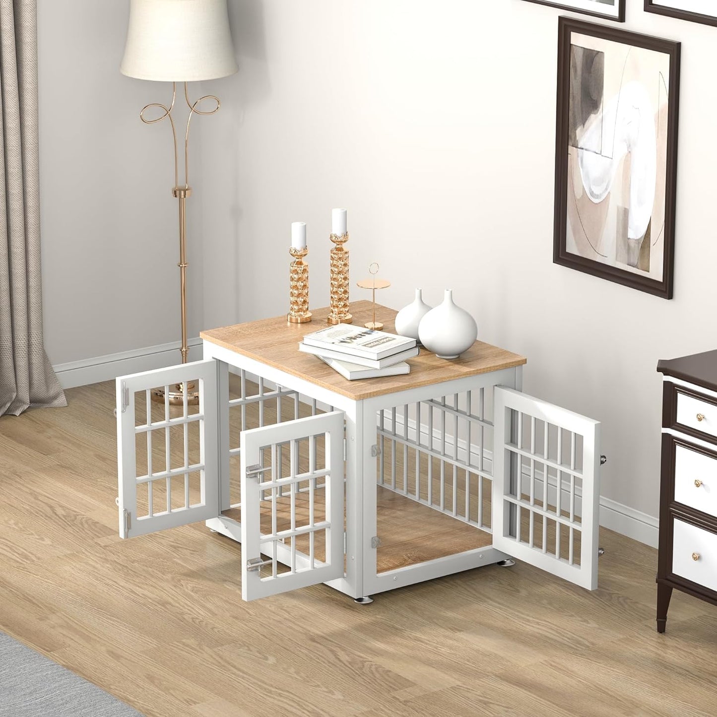26 Inch Heavy Duty Dog Crate Furniture for Small Dogs, Decorative Pet House End Table, Wooden Cage Kennel Furniture Indoor, White and Natural