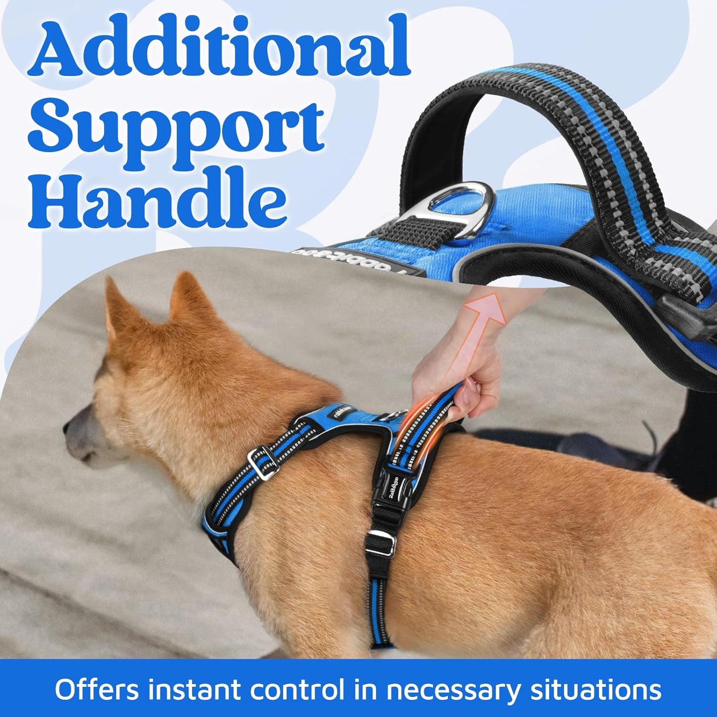rabbitgoo Dog Harness for Large Dogs, No Pull Pet Vest with 3 Buckles, Adjustable Soft Padded Pet Harness with Easy Control Handle and Reflective Strips, Blue, L