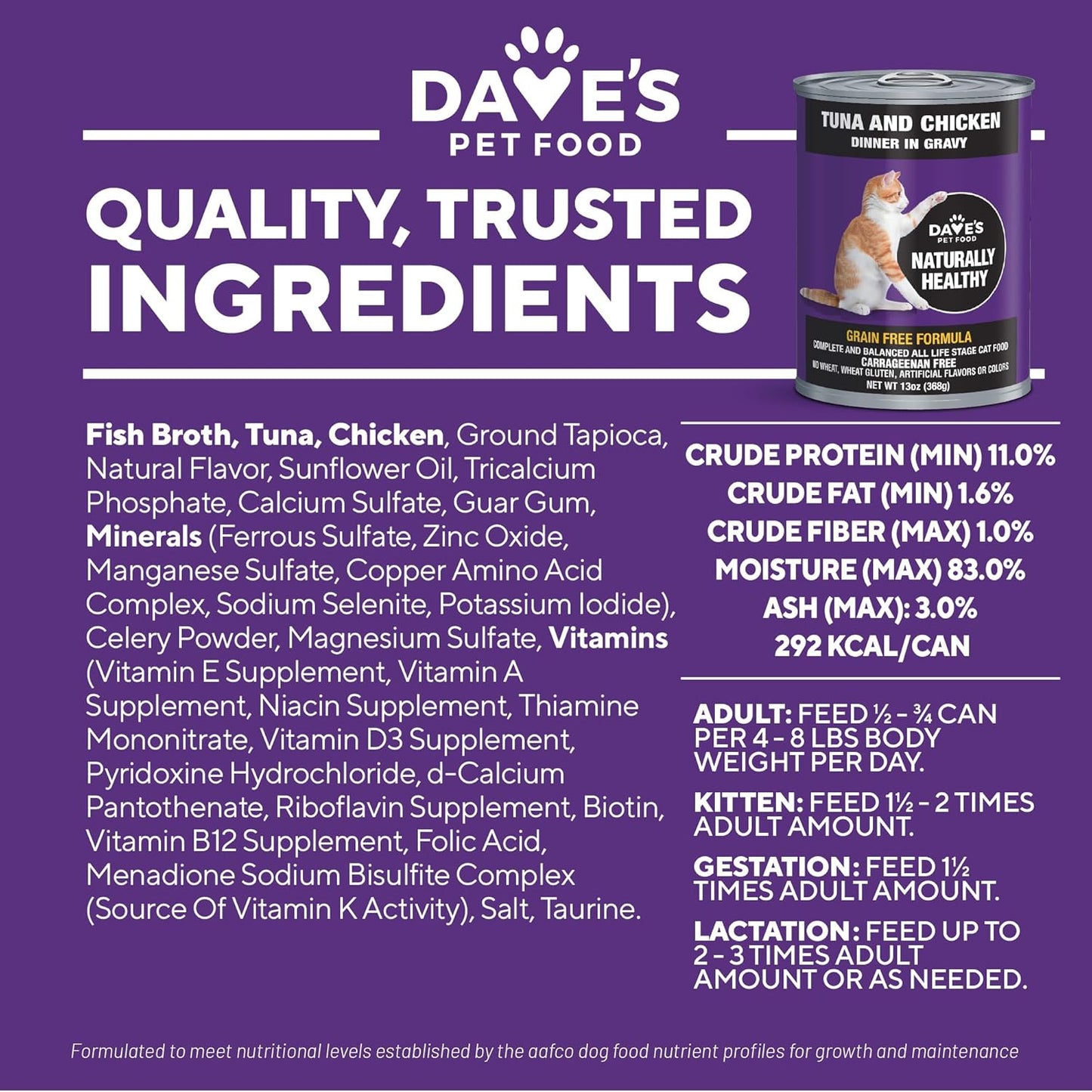 Dave's Pet Food Grain Free Wet Cat Food (Tuna & Chicken Dinner in Gravy), Naturally Healthy Canned, Added Vitamins & Minerals, Wheat & Wheat Gluten-Free, 13 oz (12 Pack)