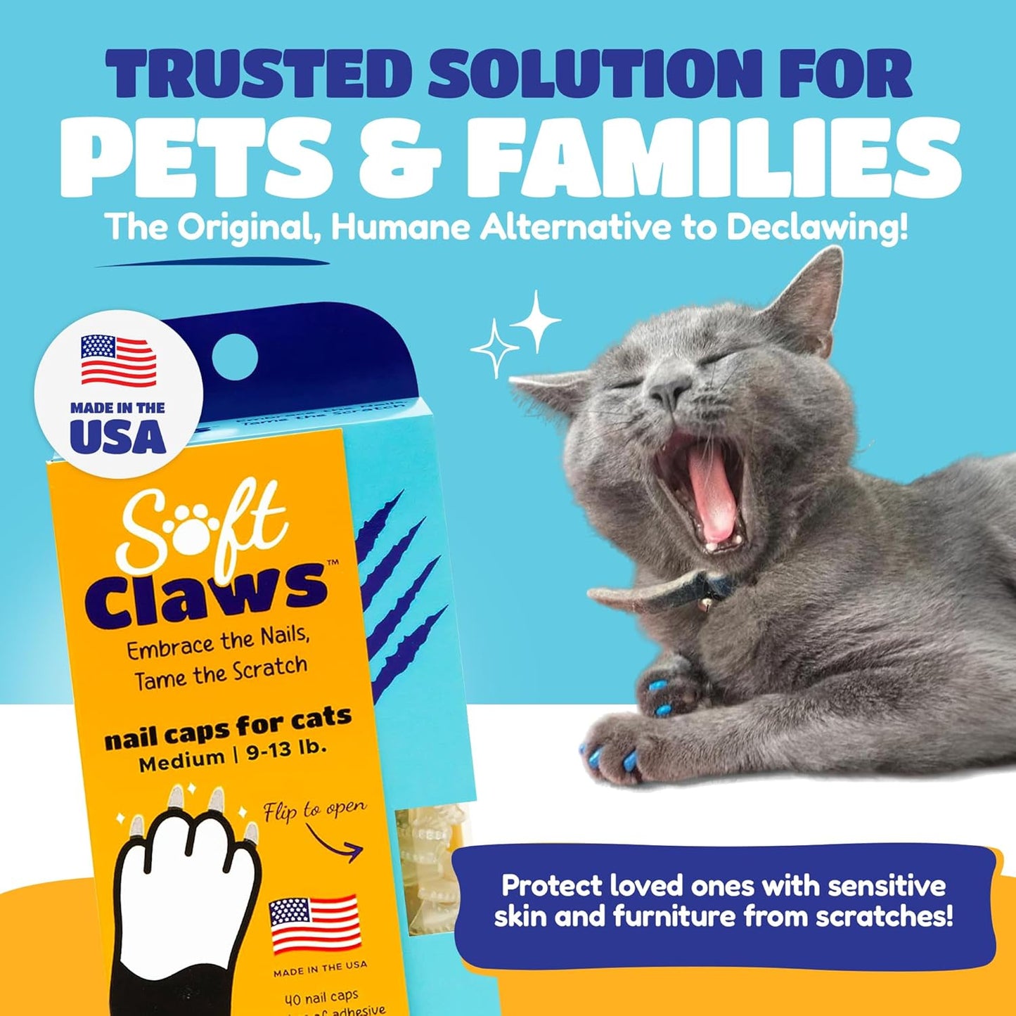Soft Claws Cat Nail Caps for Medium Cats – (40 Caps, Blue & Green) - Made in USA - Veterinarian-Developed | Protects Furniture & Skin - Easy to Apply, Long-Lasting Anti-Scratch Soft Cat Claw Covers