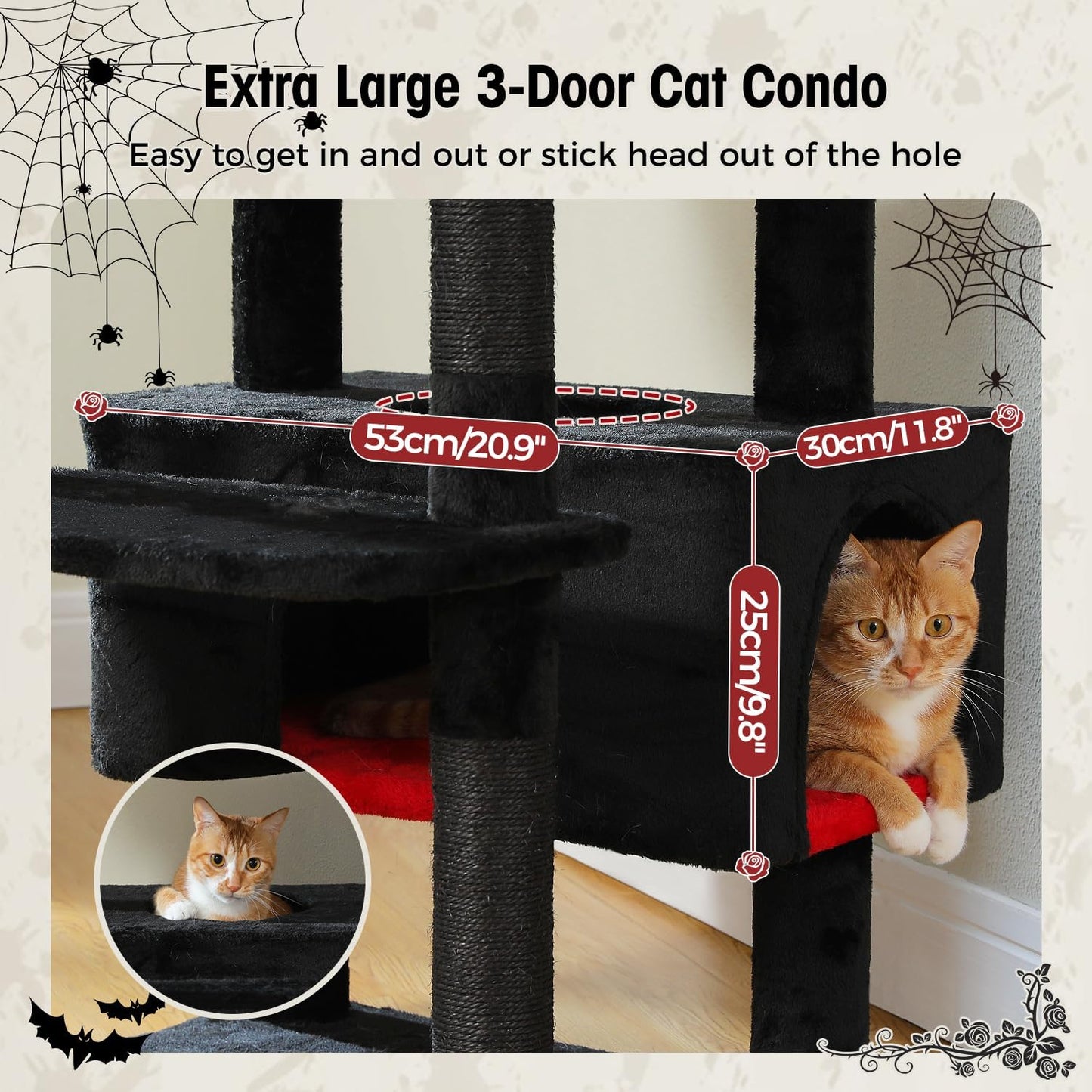 PAWZ Road Large Cat Tree, 72 Inches Gothic Cat Tower for Large Cats, Cat Condo with Sisal-Covered Scratching Posts and Pads, 2 Padded Perch, Dual Condo and Basket for Indoor Cats-Black
