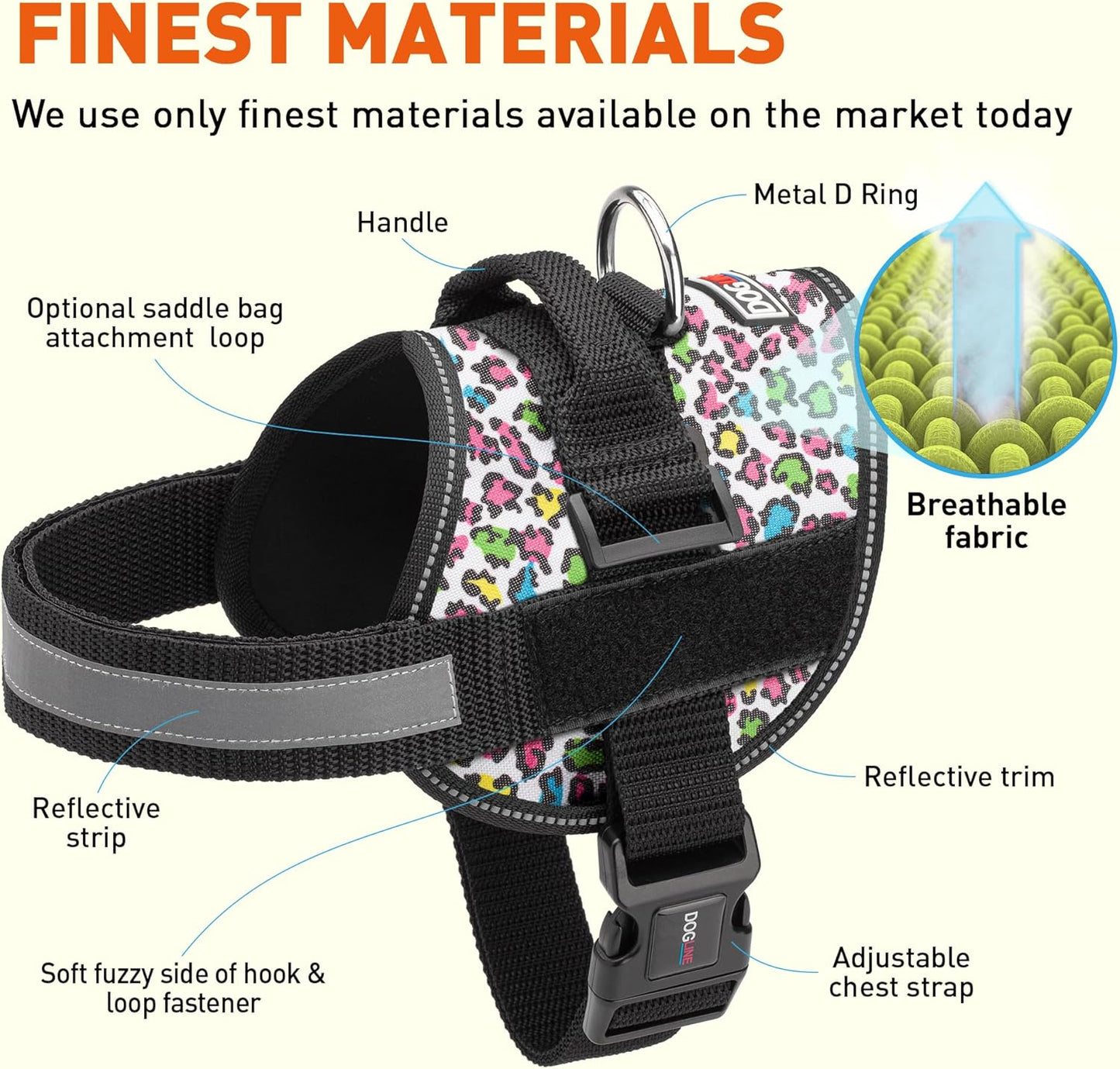 Dogline Dog Harness, Reflective No-Pull Adjustable Vest with Handle for Walking, Training, Breathable, No - Choke Harness for Small, Medium or Large Dogs Room for Patches Leopard Rainbow M 22"-28"