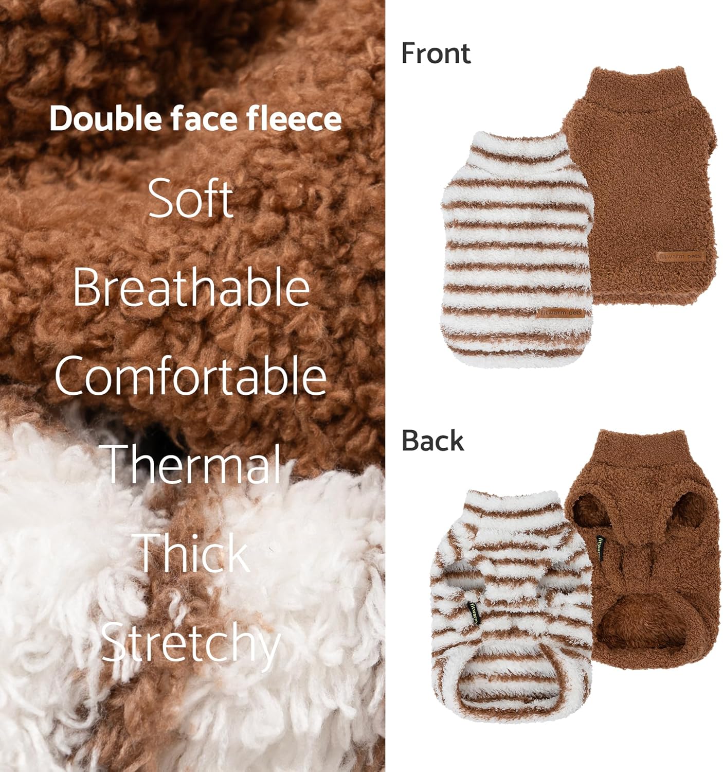 Fitwarm 2 Pack Striped Fleece Dog Sweater, Warm Winter Clothes for Small Dogs Boy Girl, Fuzzy Pet Outfit, White, Brown, XXL