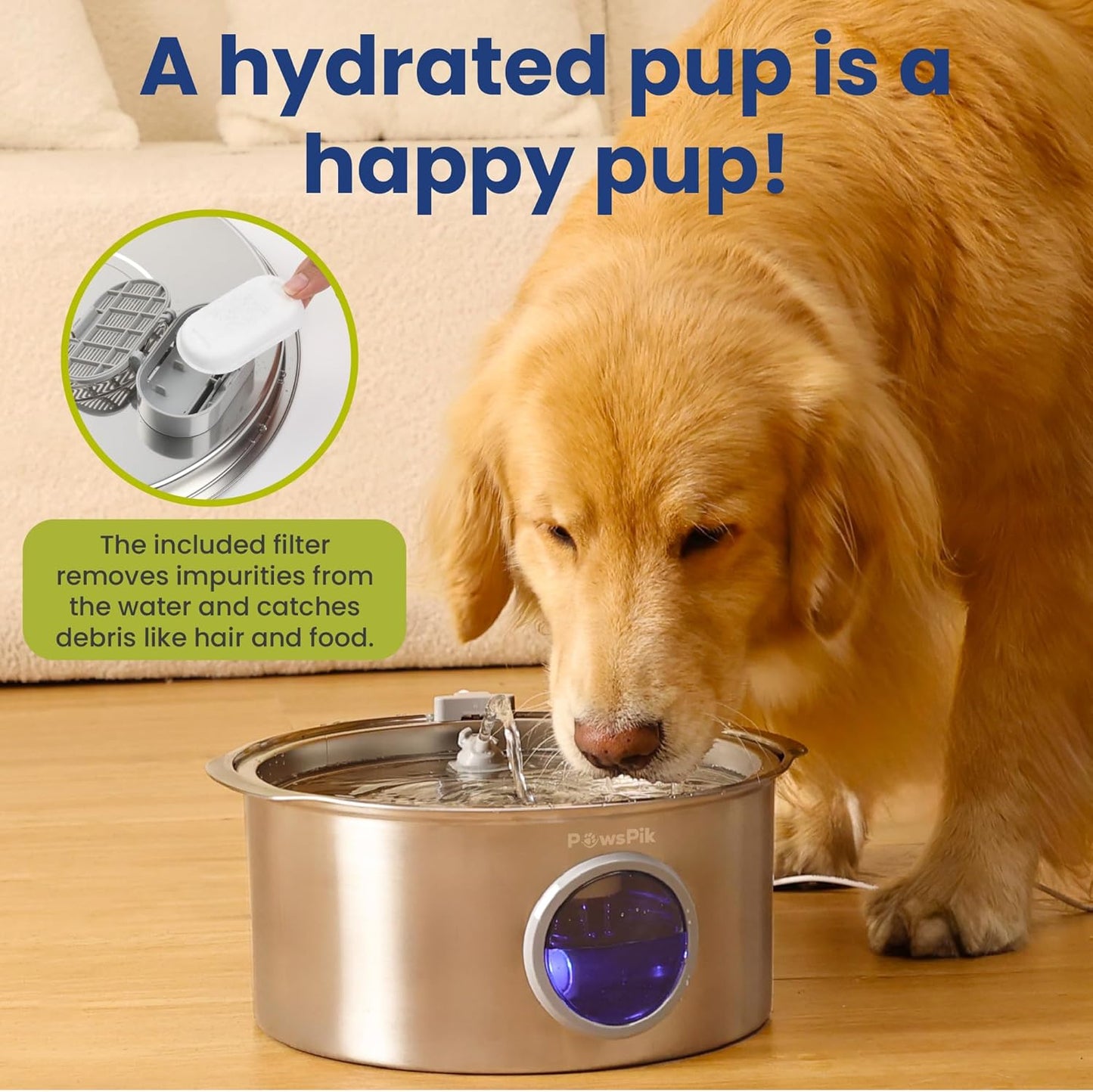 Ultra-Quiet Stainless Steel Dog Water Fountain, 1.8-gal