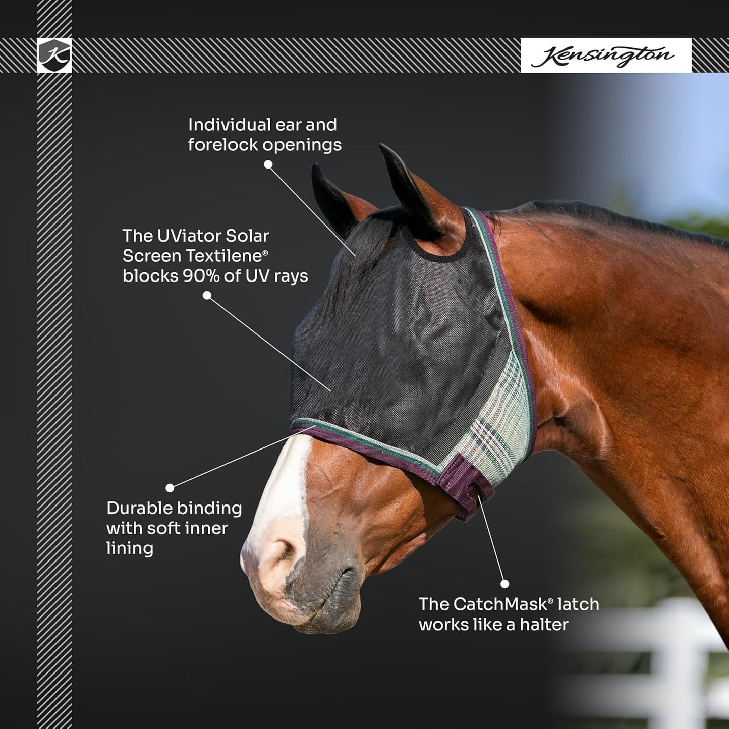 Kensington 90% UV Fly Mask CatchMask UViator - Without Ears & Forelock Freedom Web Trim Size: L-Avg Color: 2017 - Lavender Mint