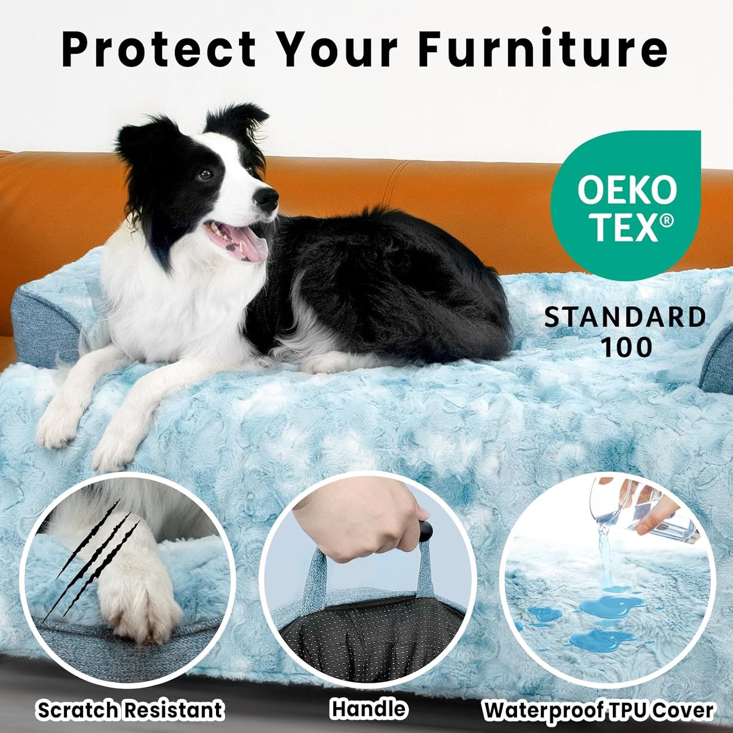 Calming Dog Couch Bed for Medium Dogs/Cats, 35 x 31 inch Waterproof Removable Dogs Mat Couch Cover for Furniture Protector, Non-Slip Fluffy Pelsbarn Dog Bed for Couch, Sofa - Tie-Dye Blue