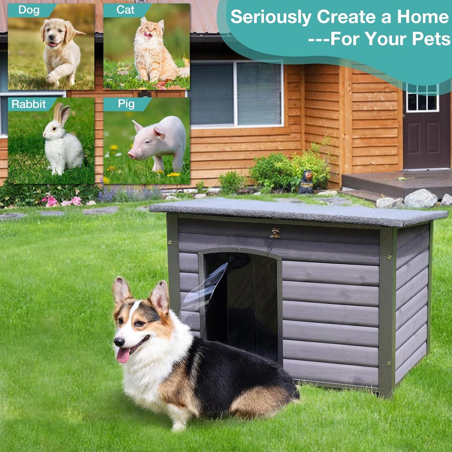 Indoor Outdoor Dog House,Anti-Chewing Iron Frame Dog Kennel,Wood Warm Pets Home,Weatherproof Outside Shelter for Feral Animal 33.5" (L) X 22" (W) X 25.2" (H) Grey
