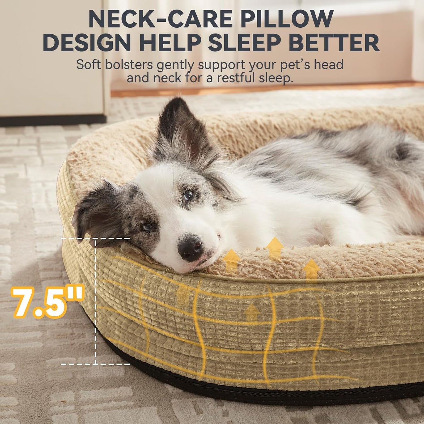 JOEJOY Orthopedic Dog Bed for Extra Large Dogs, Egg-Crate Memory Foam Pet Bed with Bolster Sides, Waterproof Lining, Removable Washable Cover & Non-Slip Bottom, Light Brown