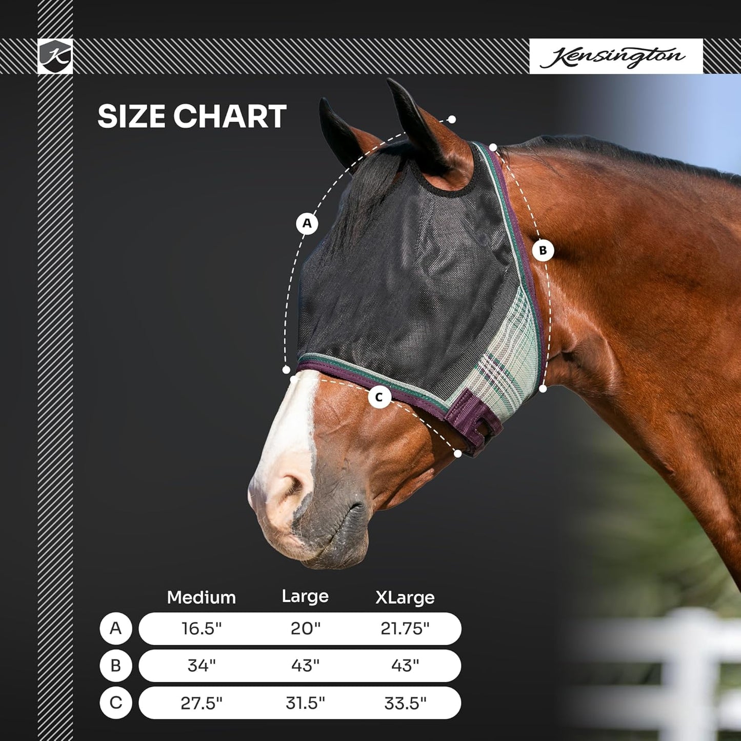 Kensington 90% UV Fly Mask Halter CatchMask UViator - Without Ears & Forelock Freedom Web Trim *Roomy Fit*- Large, Imperial Jade