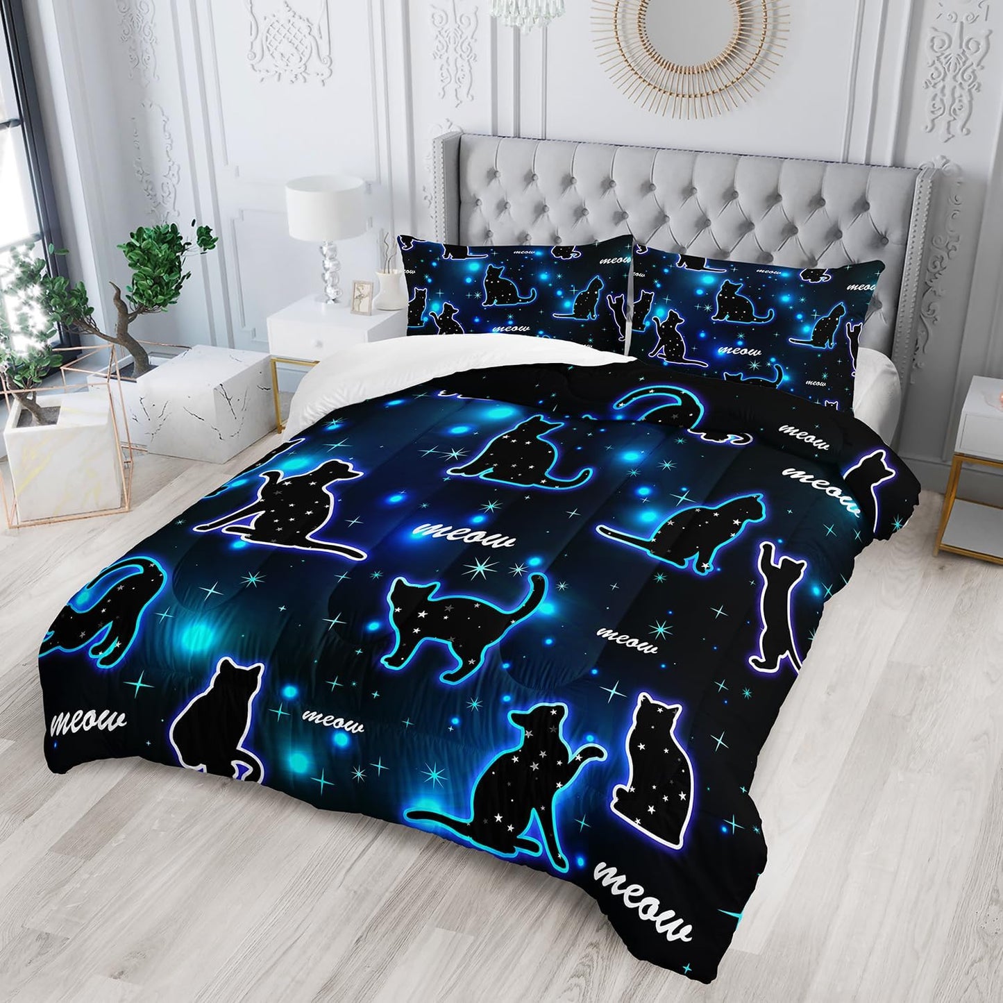 Kawaii Pet Cat Comforter 3Pcs Queen Gradient Line Cute Kitten Animal Bedding Set for Kids Teens Girls Boys Cat Glitter Polka Dots Pattern Quilt Bed Decor with 1 Comforter and 2 Pillowcases