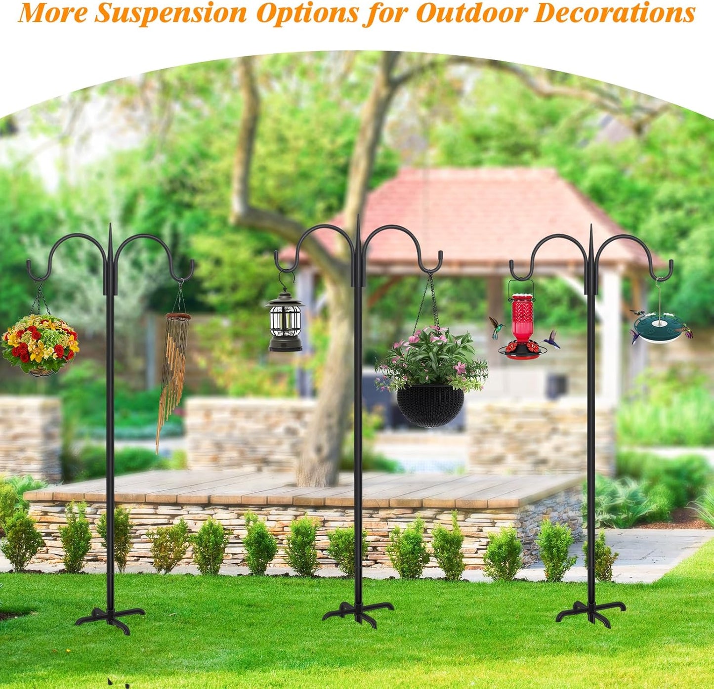 FEED GARDEN Adjustable Double Shepherds Hook for Outdoor with 5 Prong Base 108 Inch Heavy Duty Two Sided Bird Feeder Pole for Hanging Plant Baskets, Solar Light Lanterns, Wind Chimes