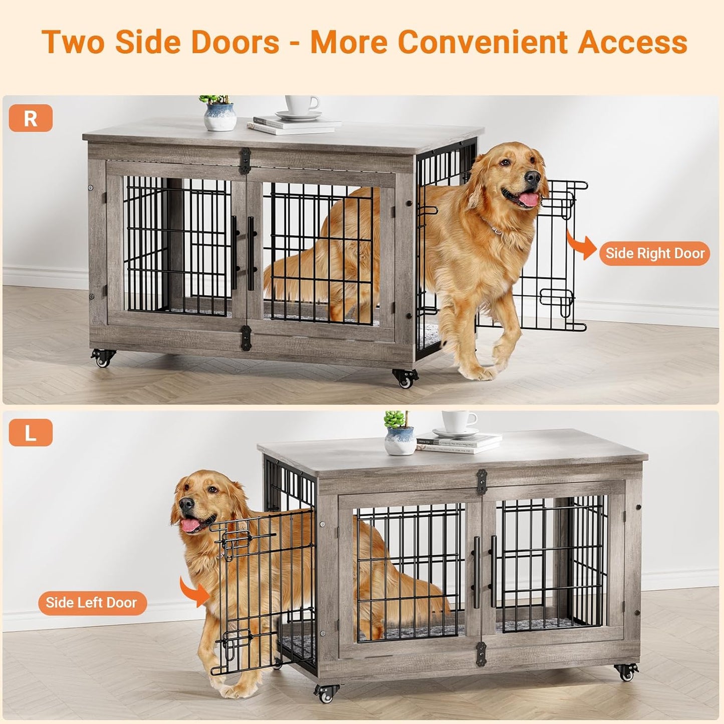 Lulive Large Dog Crate Furniture, 38'' Wooden Dog Crate End Table, Double Door Dog Kennel Indoor with Cushion & Wheels, Decorative Dog Cage House Chew-Resistant for Large/Medium, Grey