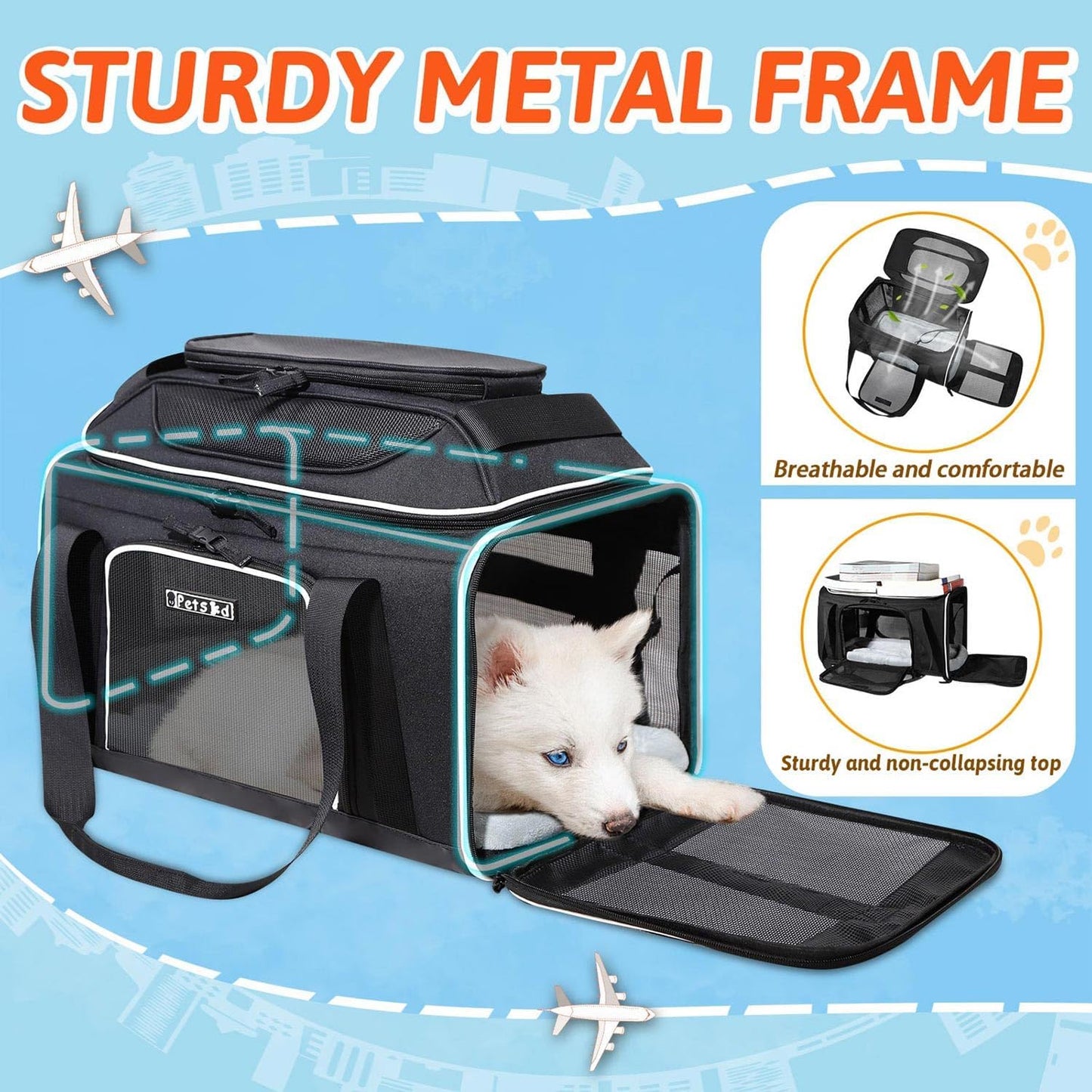 Petskd Top-Expandable Pet Carrier 17x12x8.5 Inches JetBlue Allegiant Spirit Airline Approved, Soft-Sided Carrier for Small Cats and Dogs with Locking Safety Zippers and Anti-Scratch Mesh(Black)