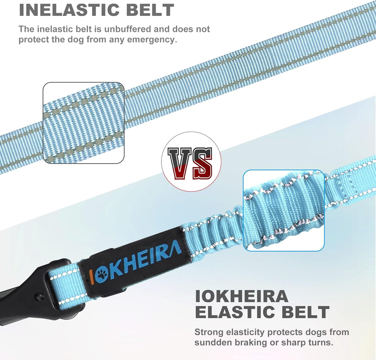 Dog Seat Belt 3-in-1 Car Harness for Dogs Adjustable Safety Seatbelt for Car Nylon Reflective Bungee Fabric Dog Car Harness with Clip Hook Latch & Buckle, Swivel Zinc Alloy Carabiner (Light Blue)